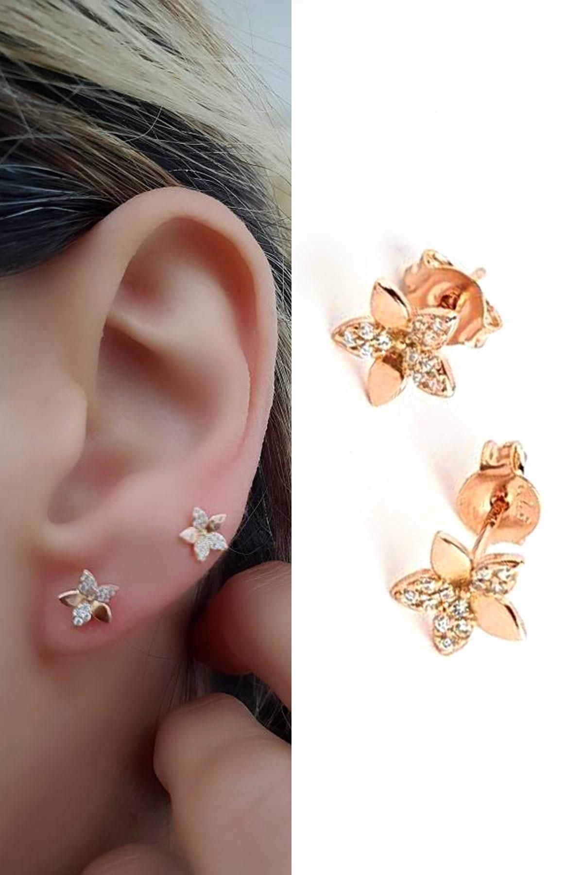 OSESHOP Zirkon Taş Detaylı 925ayar Gümüş Üzerine Rose Altın Kaplama Minimal Çiçek Küpe