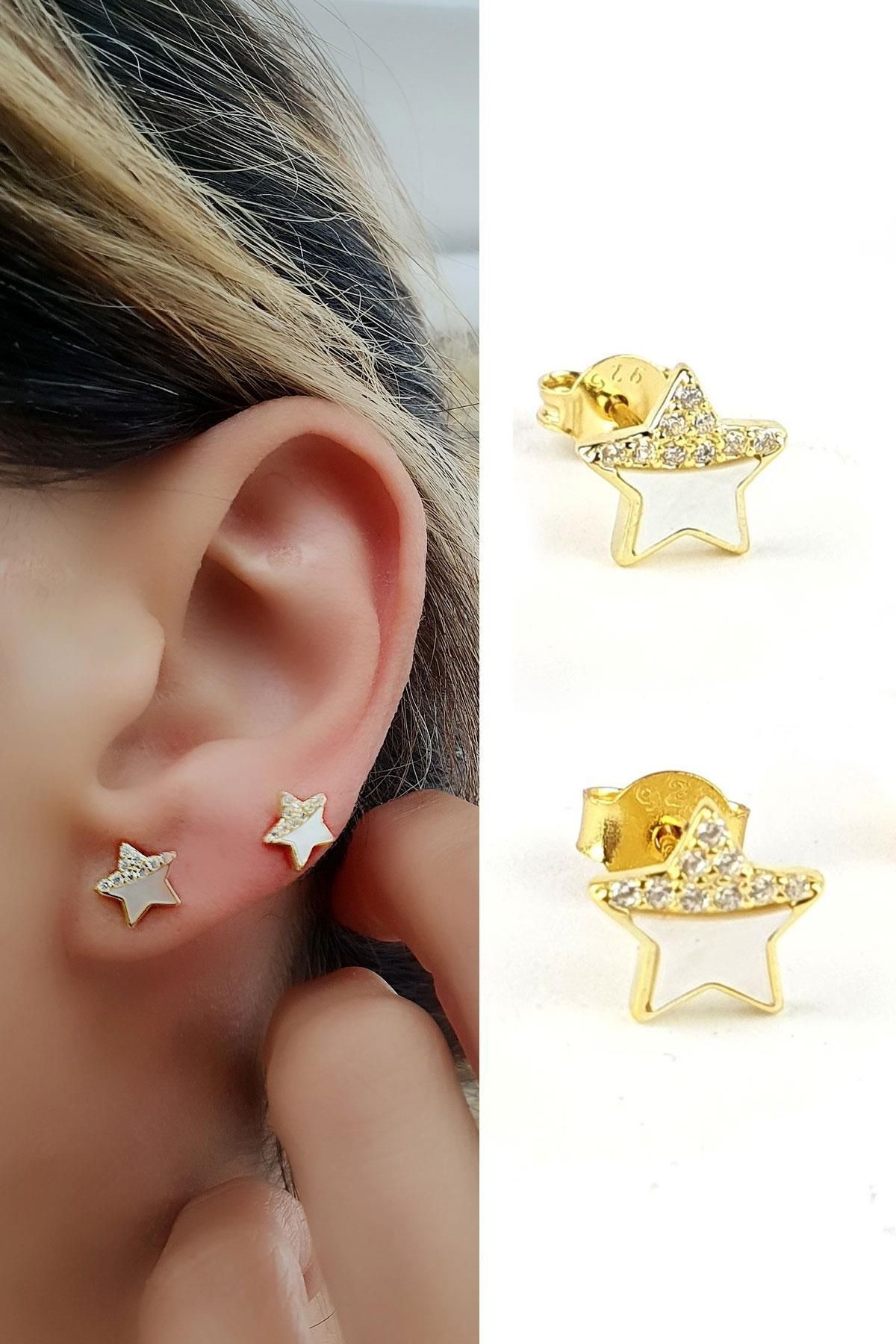 OSESHOP Zirkon Taş Detaylı taşlı 925ayar gümüş üzerine altın kaplama Yıldız Figürlü Küpe