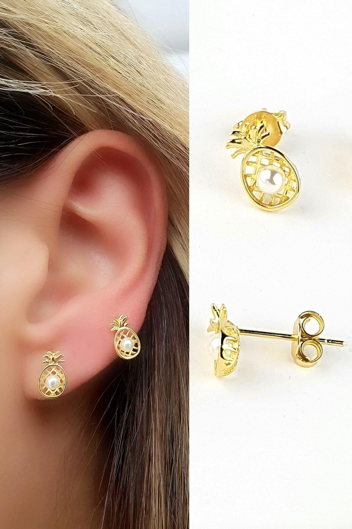 OSESHOP İnci Detaylı 925ayar Gümüş Üzerine Altın Kaplama Ananas küpe