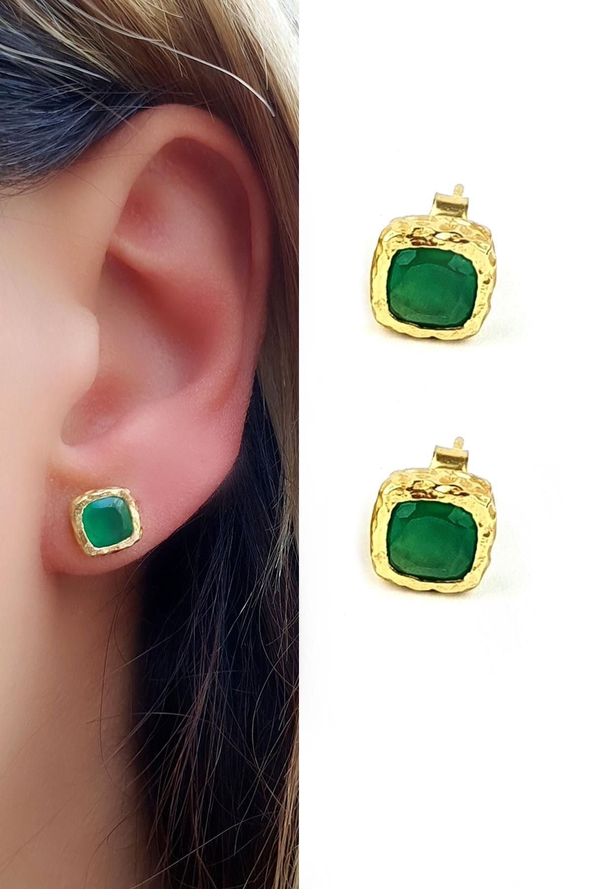 OSESHOP Kök zümrüt Taşlı 925ayar Gümüş Üzerine Altın Kaplama Tasarım küpe