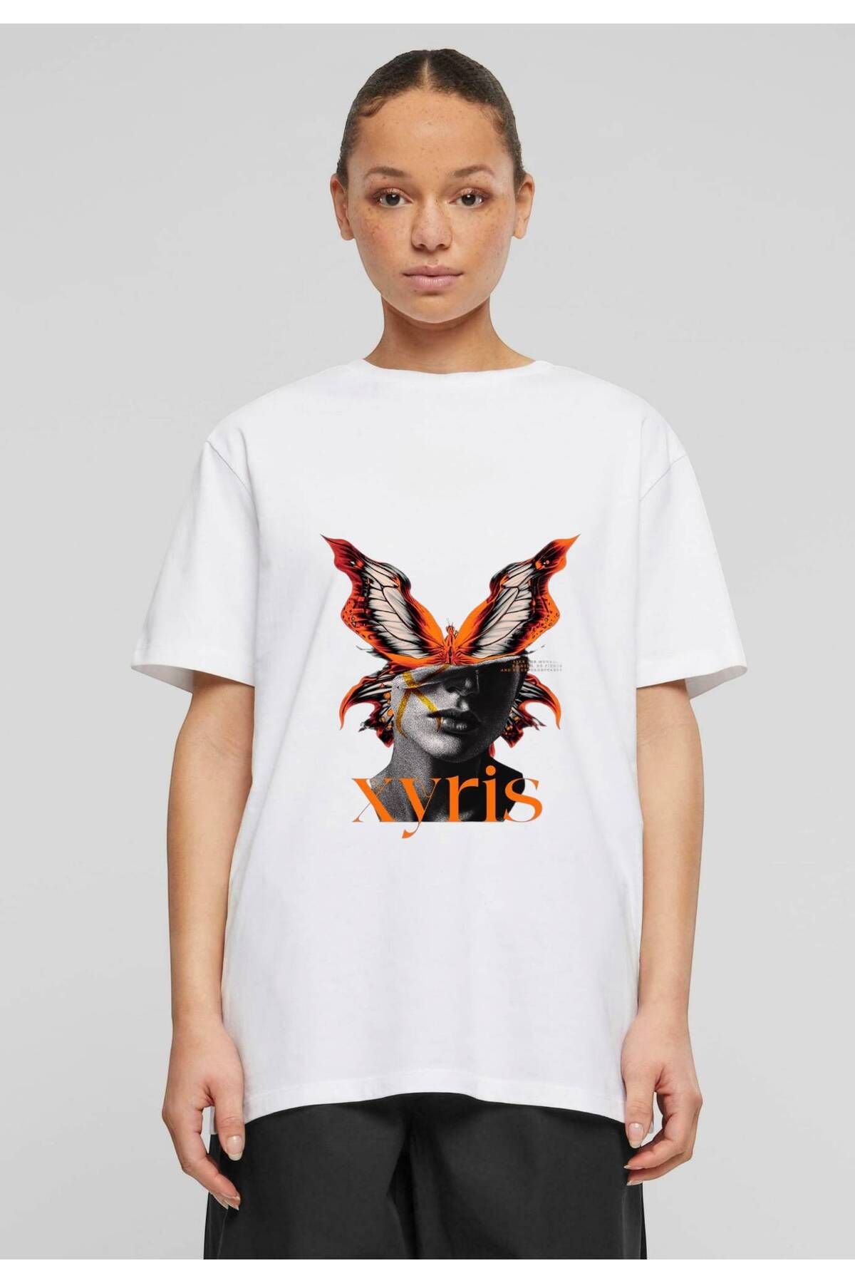 ELNOYA Unisex Beyaz Oversize "Xyeris Kelebek" Baskılı Bisiklet Yaka Rahat T-shirt