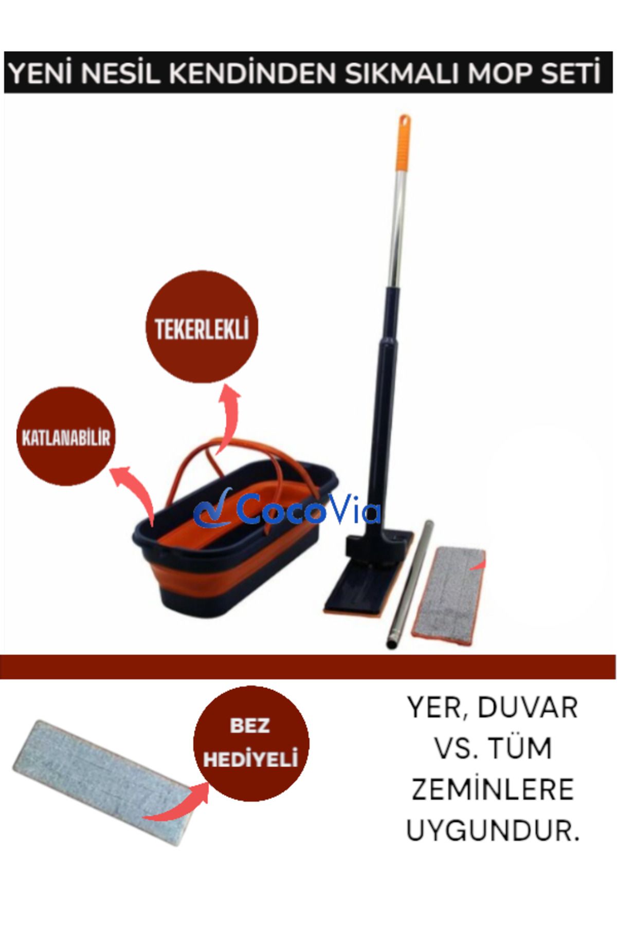 CocoVia Yeni Nesil Katlanabilir Tekerlekli Kovalı Kendinden Sıkmalı Mop Seti Yer Duvar Silme Bez Hediyeli