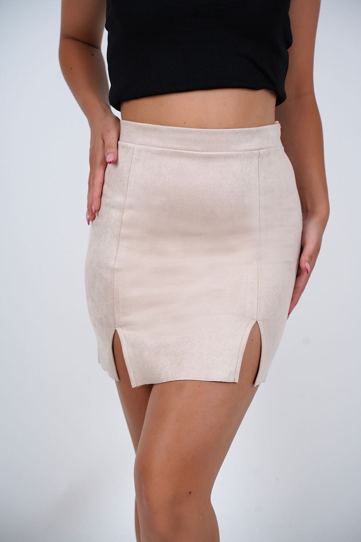YUCFIT ÇİFT YIRTMAÇLI SÜET ETEK (SİYAH,GRİ,BEJ)