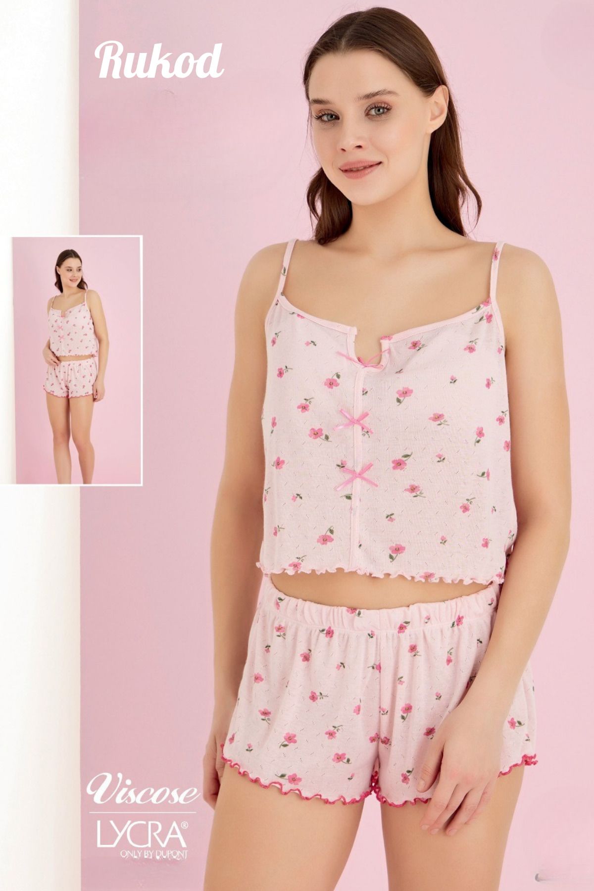 RUKOD Kadın Pembe Fiyonk Detaylı Çiçek Desenli Pinterest İp Askılı Fırfır Şortlu Pijama Takımı
