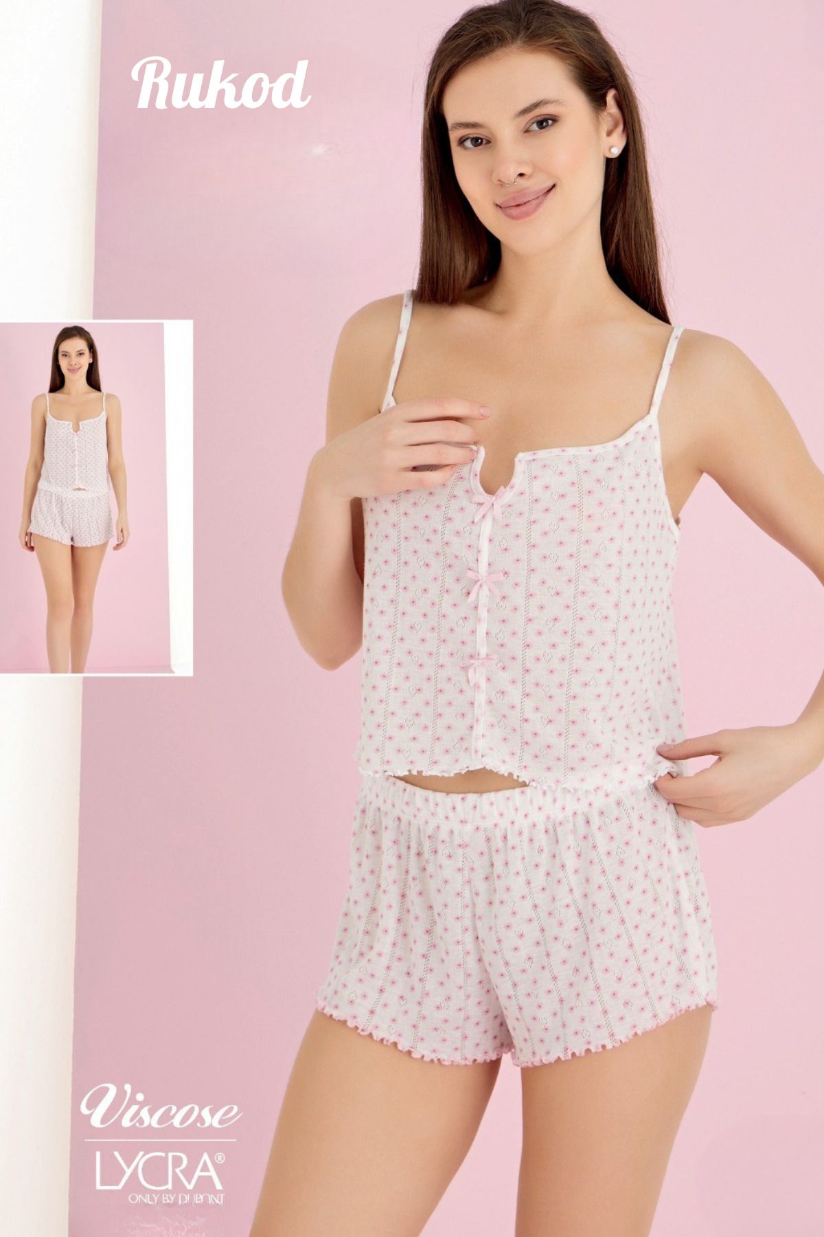 RUKOD Kadın Fiyonklu Beyaz Çiçek Desenli Pinterest İp Askılı Fırfır Şortlu Pijama Takımı