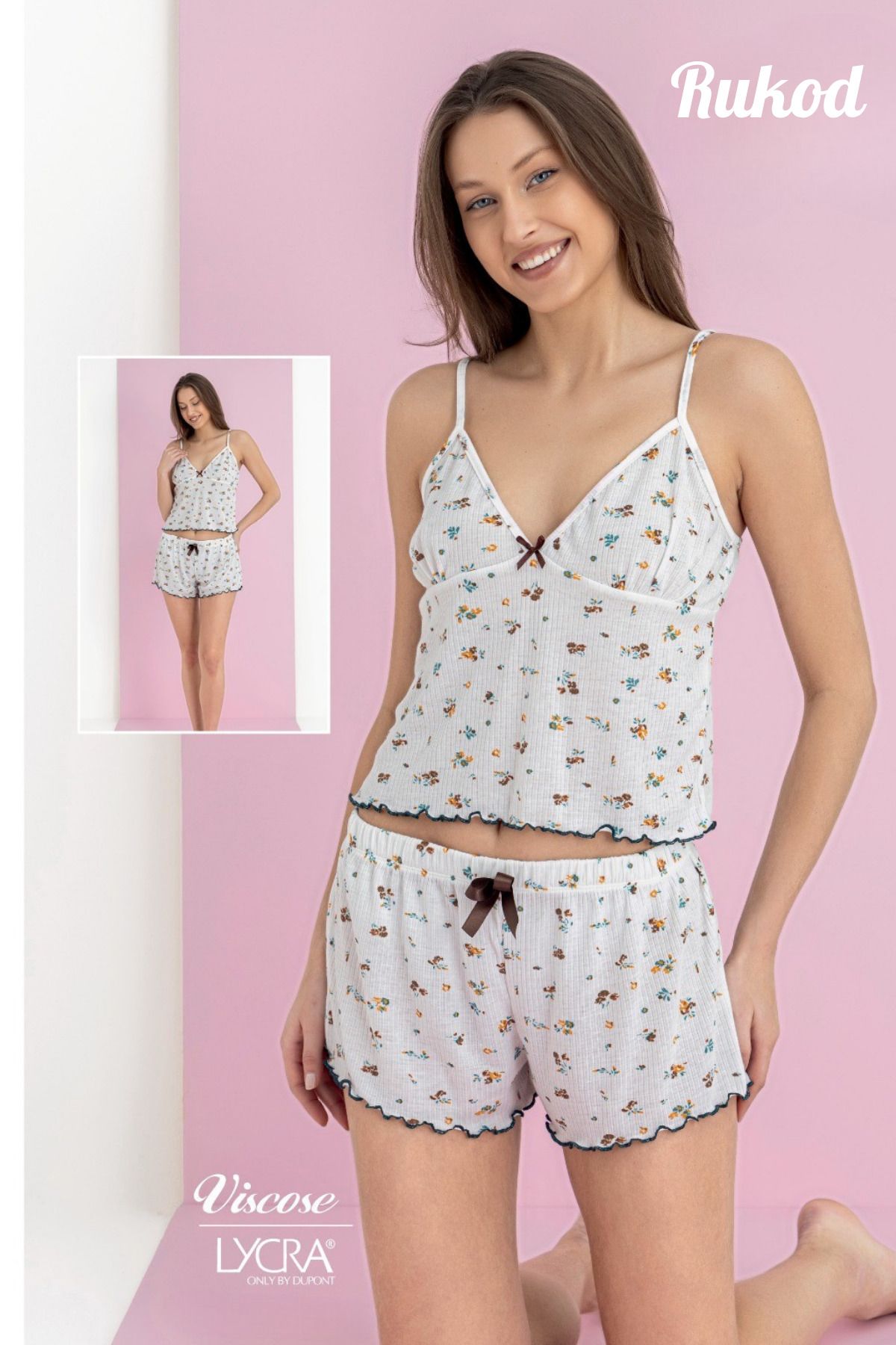 RUKOD Kadın Fiyonklu Beyaz Renkli Çiçek Desenli Pinterest İp Askılı Fırfır Şortlu Pijama Takımı