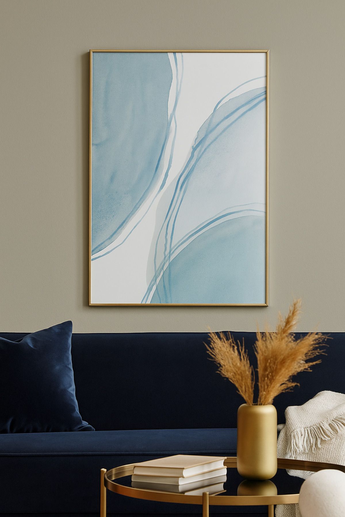 seninürünün Mavi İzler Abstract Modern Tablo - Gerçek Cama Baskı Gold Alüminyum Metal Çerçeveli Tekli