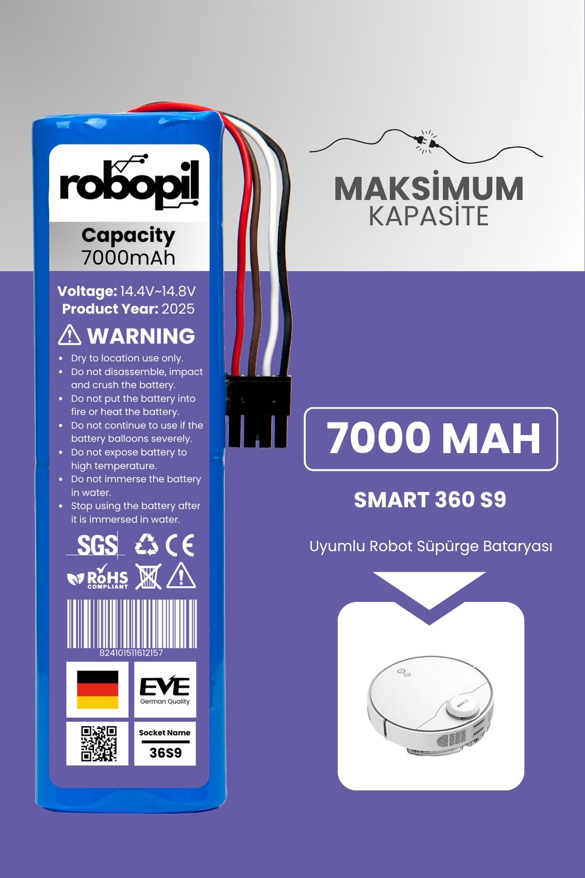 ROBOPİL SMART 360 S9 Pil Batarya [Maksimum Kapasite] 7000mah Akıllı Robot Süpürge Bataryası Değişimi