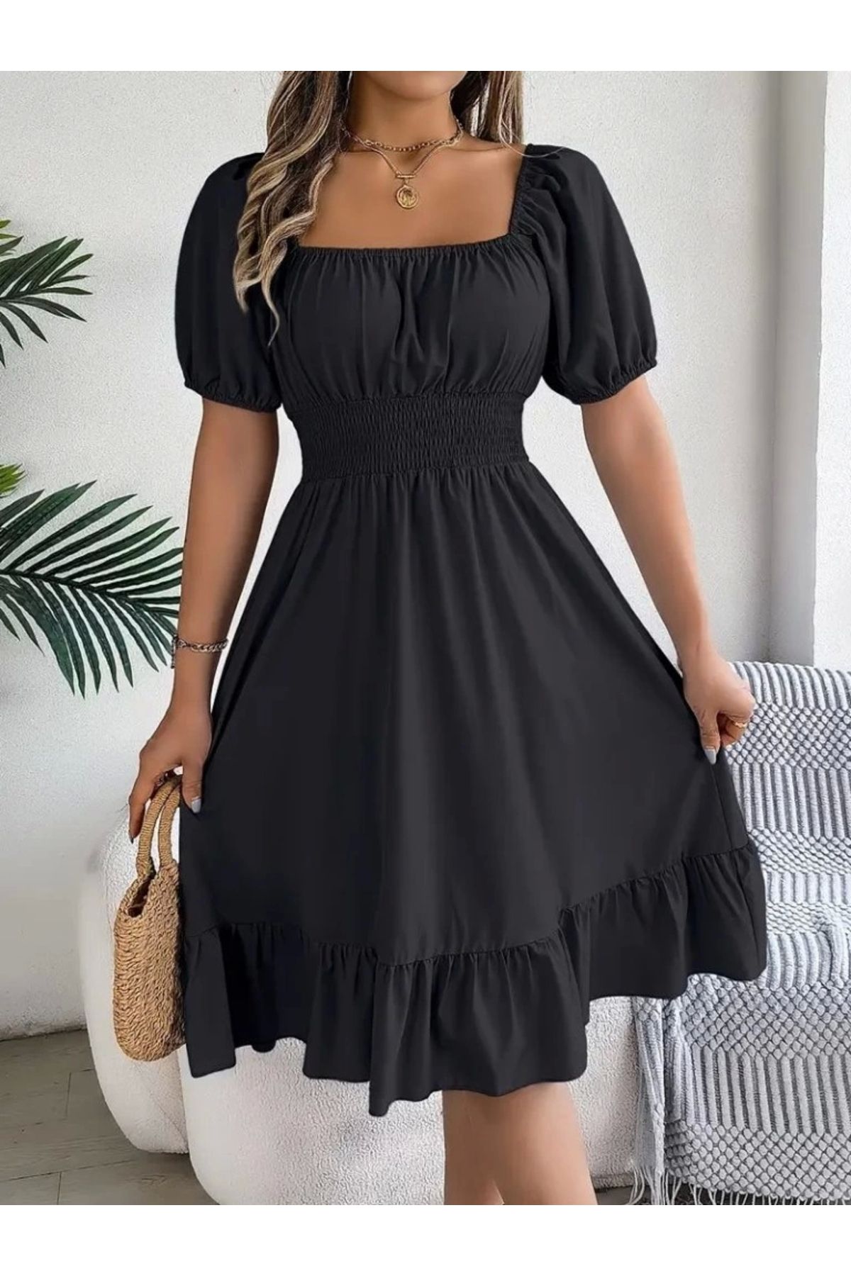 Butik Kadın Kısa Kollu Kare Yakalı Beli Lastikli Kısa Trikoton Elbise