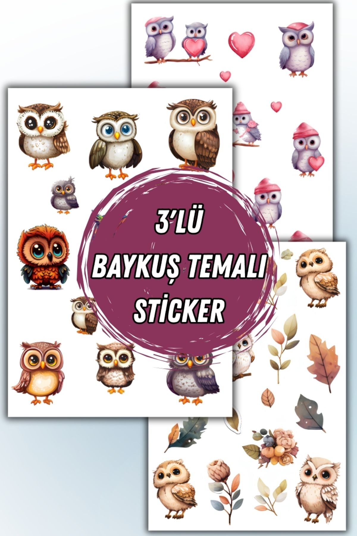 teknotrust Sevimli baykuş temalı 3'lü sticker seti, defter ve kolajlar için ideal kullanım