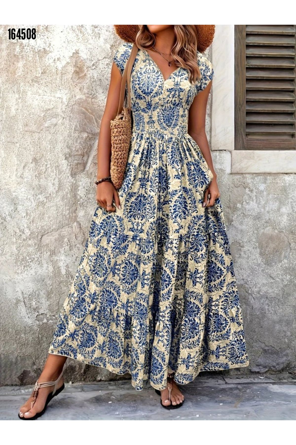 BZ Boutique Kısa Kollu Kruvaze Yaka Beli Lastikli Desenli Büyük Beden Süprem Elbise 161312