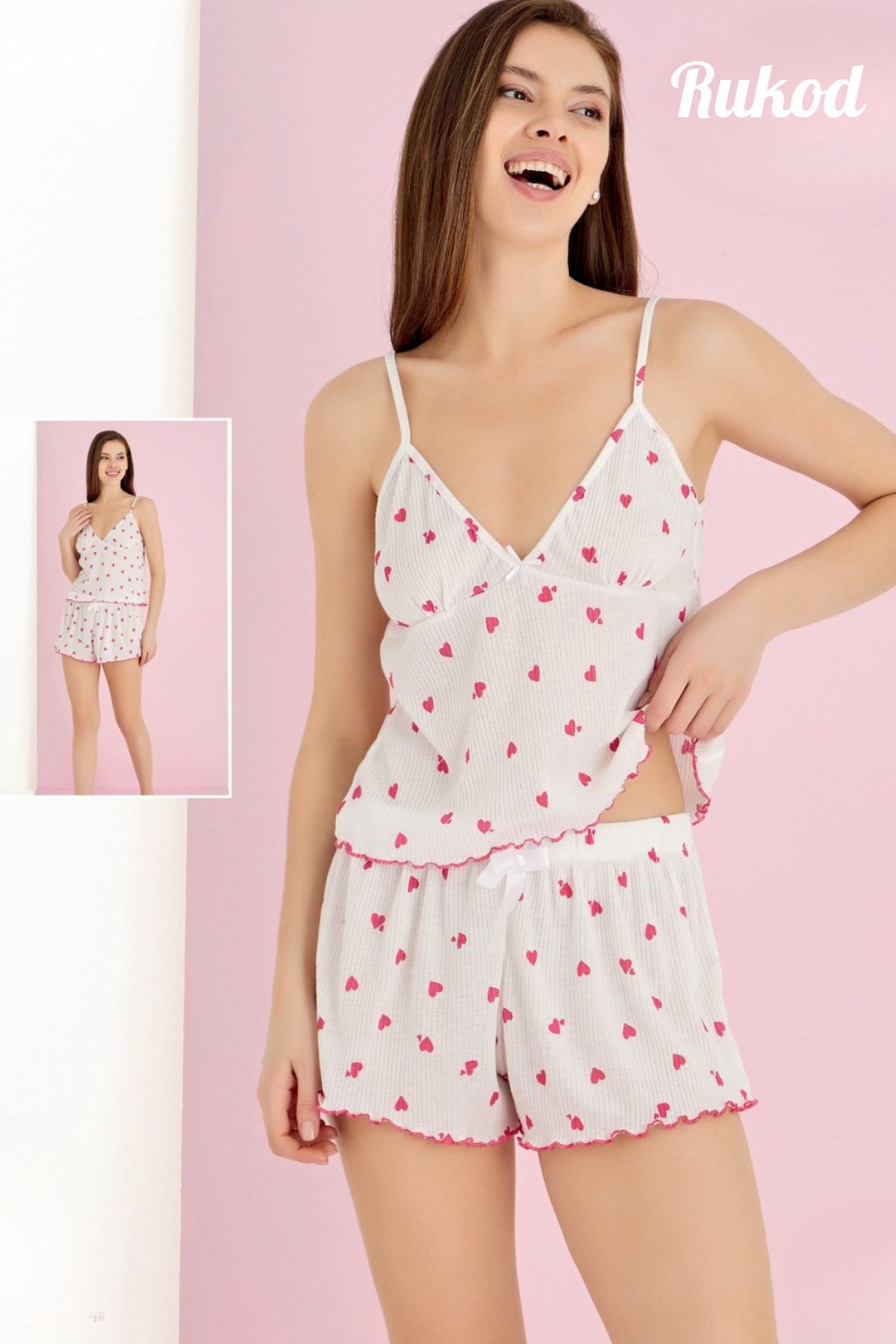 RUKOD Kadın İp Askılı Pembe Kalp Detaylı Fırfır Şortlu Pinterest Askılı Şortlu Pijama Takımı