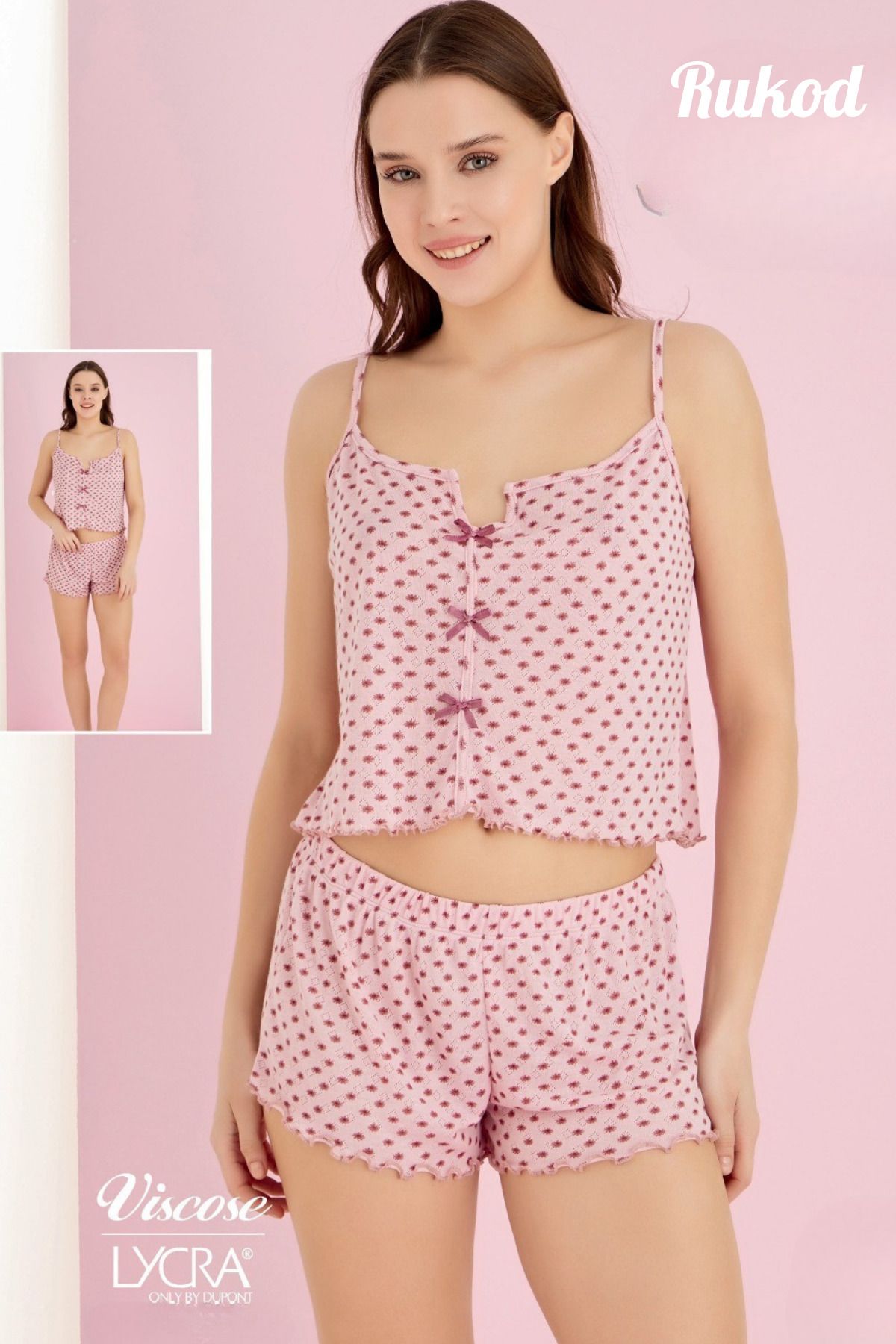 RUKOD Kadın İp Askılı Fırfır Şortlu Pembe Fiyonk Detaylı Çiçek Desenli Pinterest Pijama Takımı