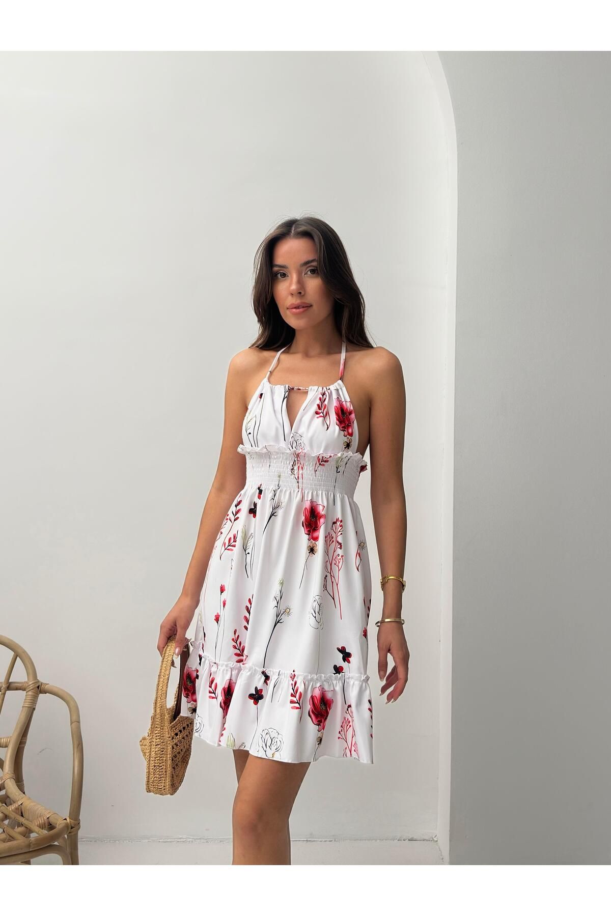 Jeevee Kırmızı Çiçek Desenli Halter Yaka Büzgülü Mini Elbise