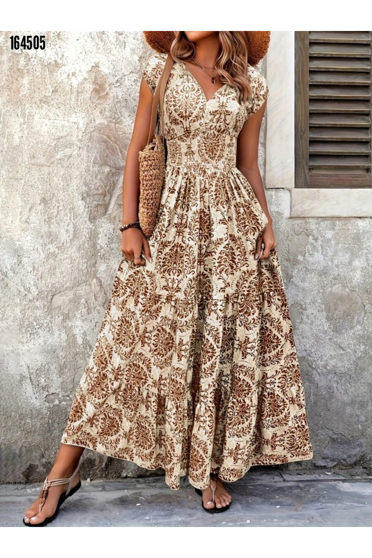 BZ Boutique Kısa Kollu Kruvaze Yaka Beli Lastikli Desenli Büyük Beden Süprem Elbise 161312