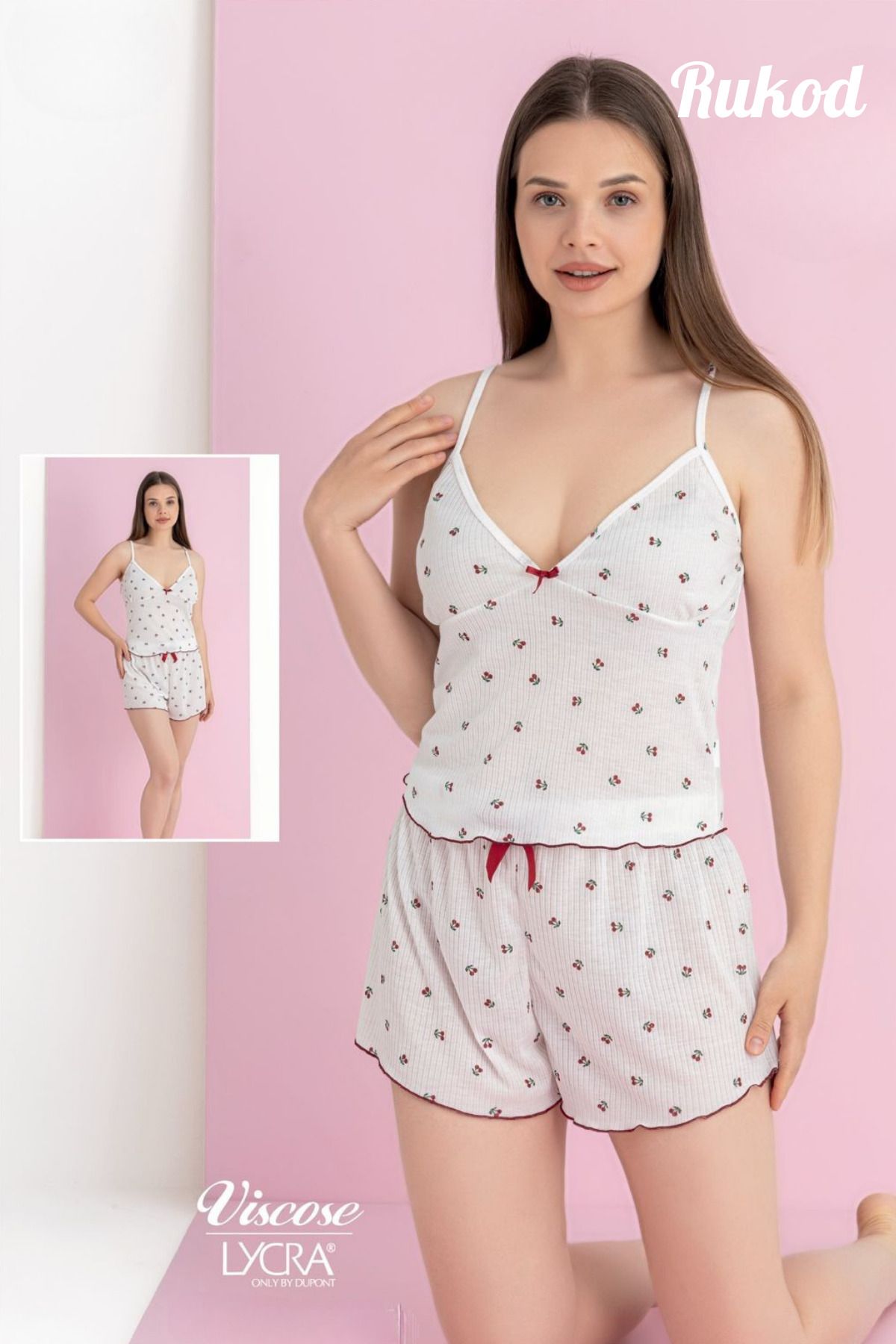 RUKOD Kadın Fiyonklu Beyaz Kiraz Desenli Pinterest İp Askılı Fırfır Şortlu Pijama Takımı