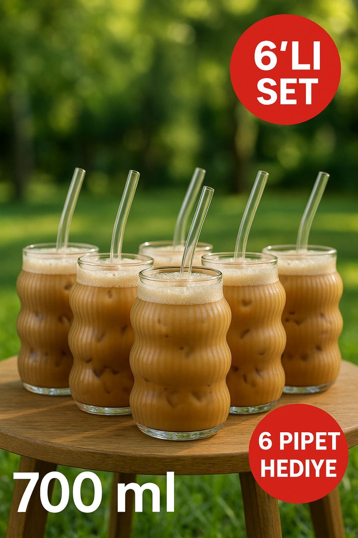 Open Home Concept 6’lı Set Cam Buzlu Soğuk Kahve Bardağı + Cam Pipet Hediyeli 700 ml