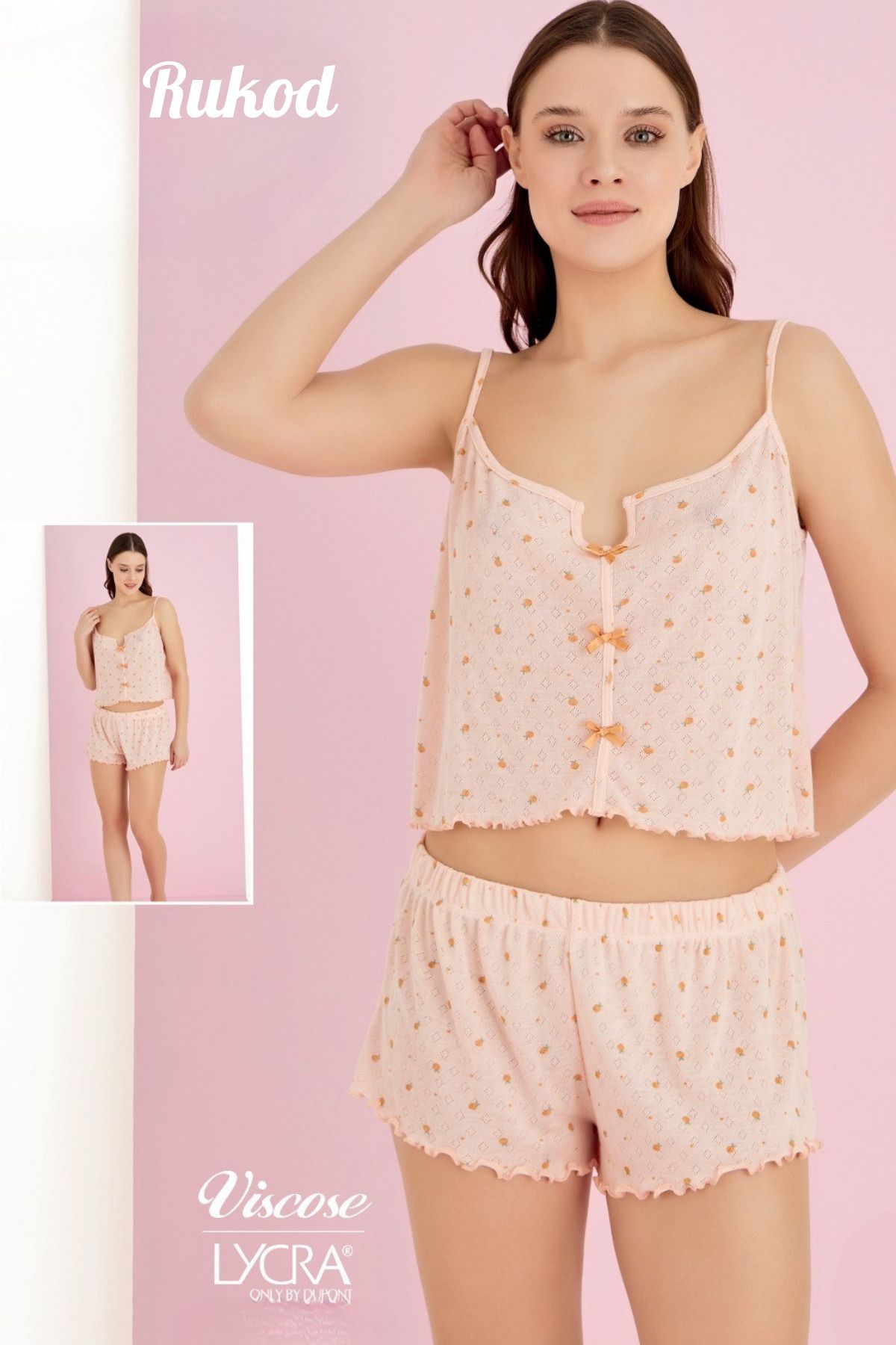 RUKOD Kadın Fiyonklu Turuncu Portakal Desenli İp Askılı Fırfır Şortlu Pinterest Pijama Takımı