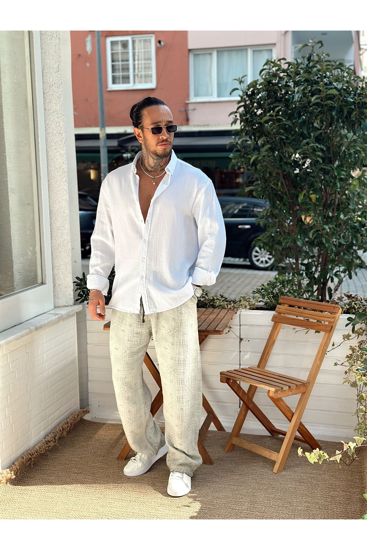 manch collection Oversize Krinkıl Keten Gömlek beyaz
