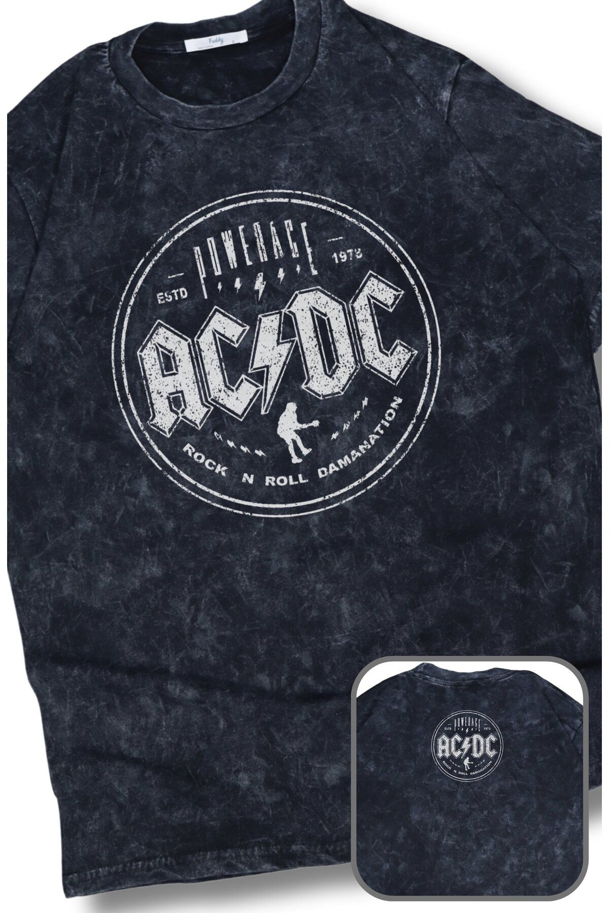 Fuddy Moda Oversize AC DC Powerage Ense Baskılı Yıkamalı T-Shirt, Unisex Rock Band Temalı Retro Tişört