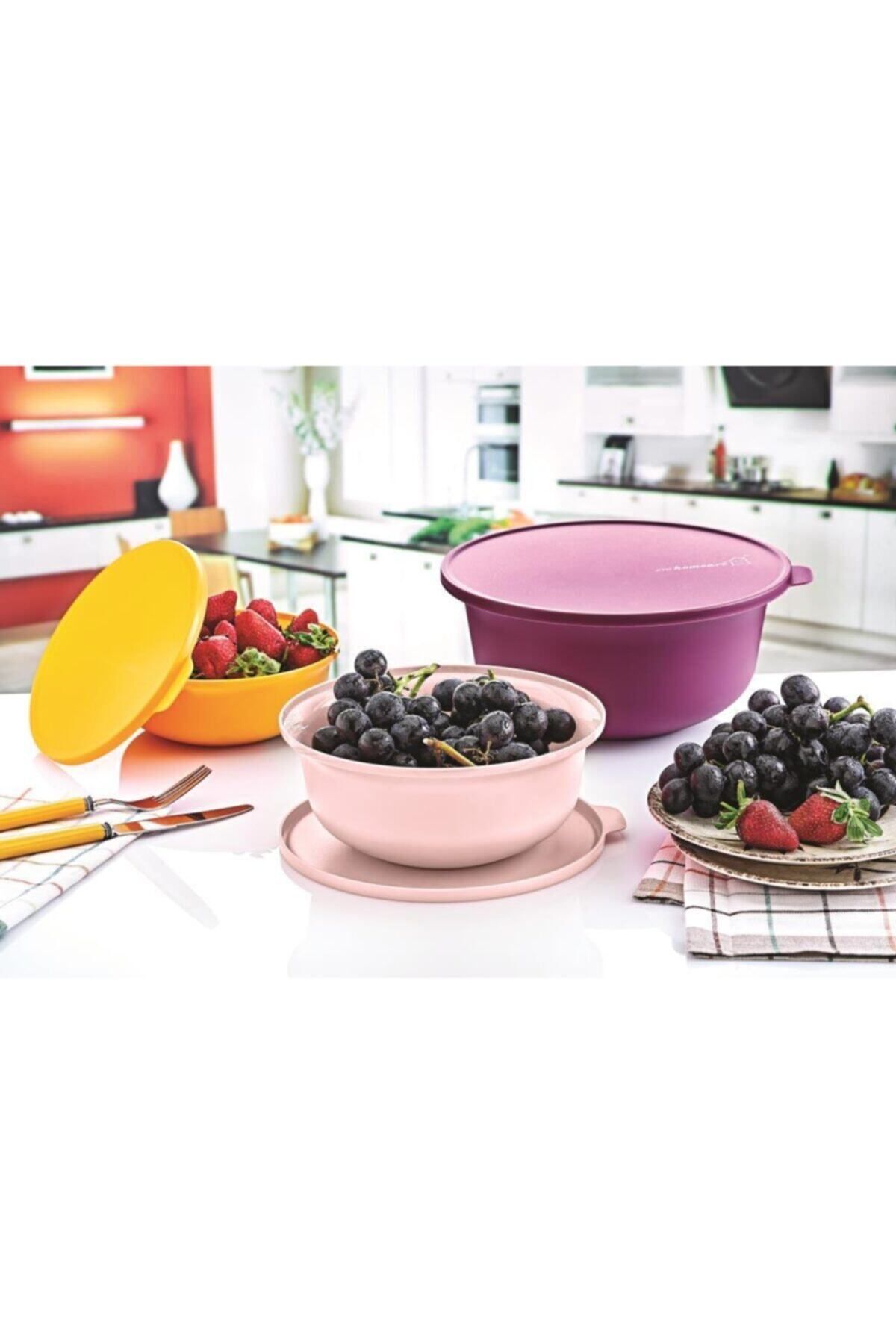teknotrust Renkli Kapaklı Kase Seti, 2L, 4L, 6L, Pembe, Sarı, Mor