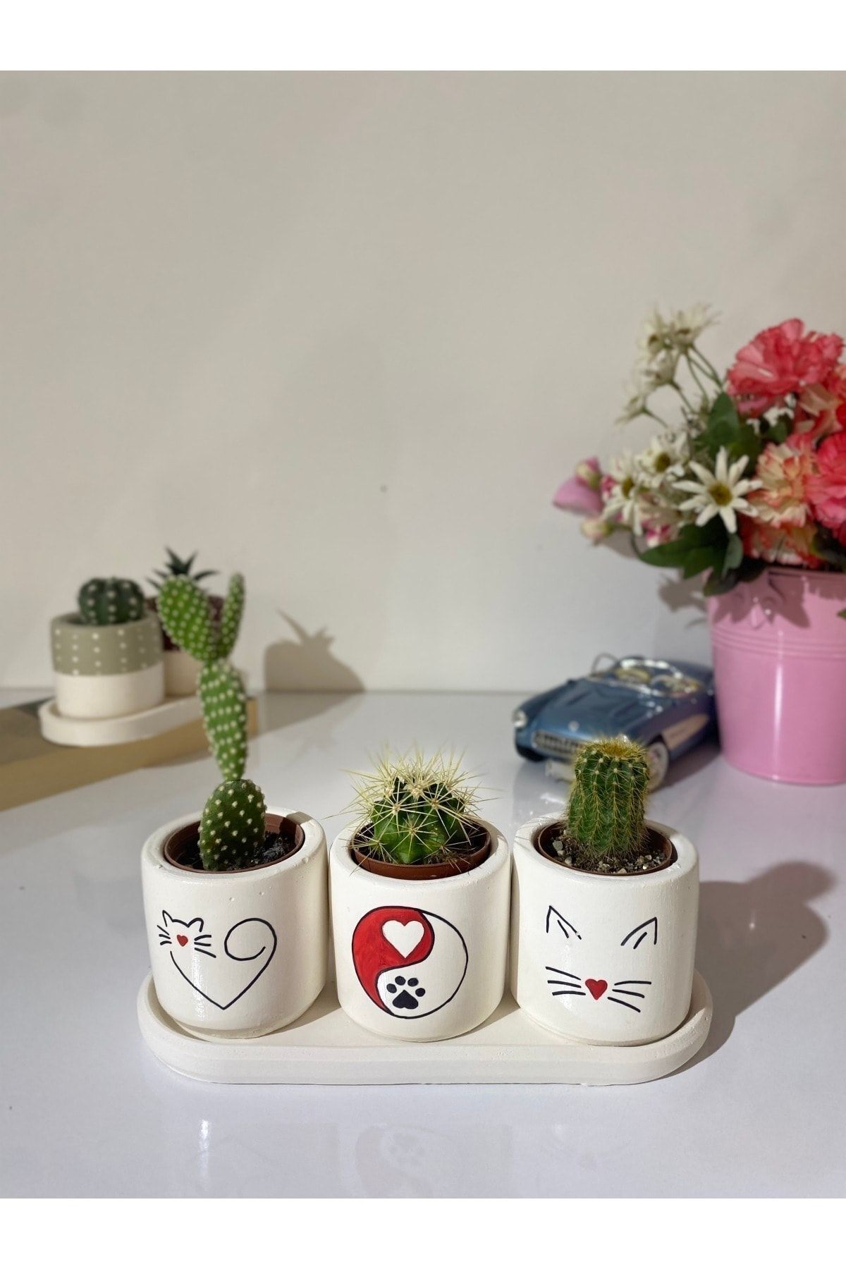 teknotrust Kırmızı Kedi Silueti Saksı Seti, 3'lü Tabaklı, Şık ve Renkli Dekoratif Set