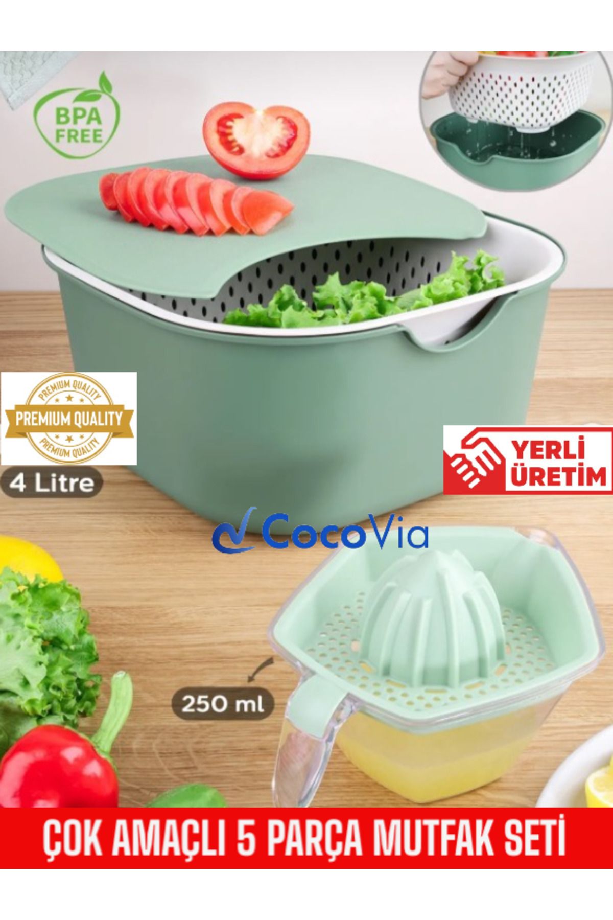 CocoVia 5 Parça Çok Amaçlı Mutfak Seti - Karıştırma Kabı - Süzgeç - Limon Sıkacağı - Kesim Panosu Sıkacak
