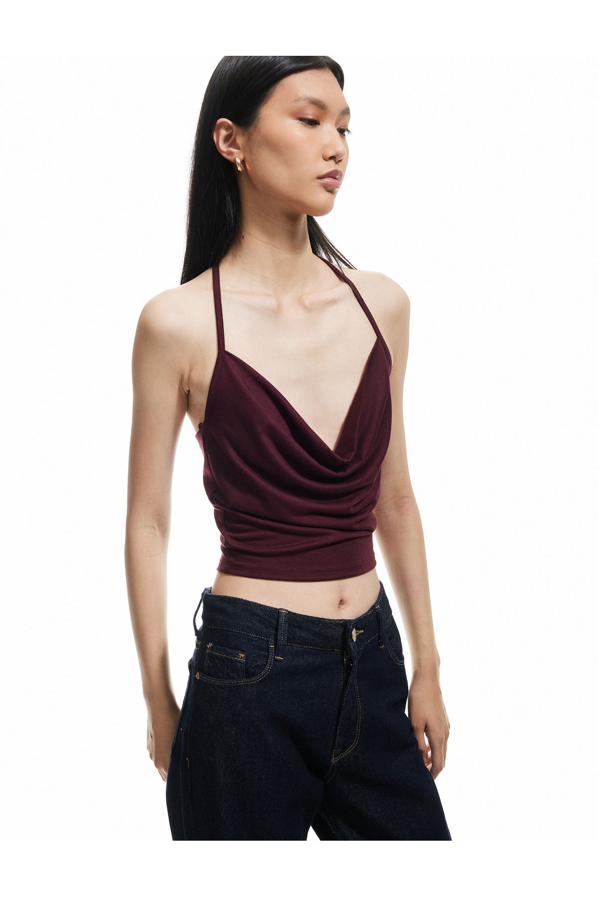 Koton Yeni Sezon Slim Fit Boyundan Bağlamalı Crop Degaje Yaka Bluz