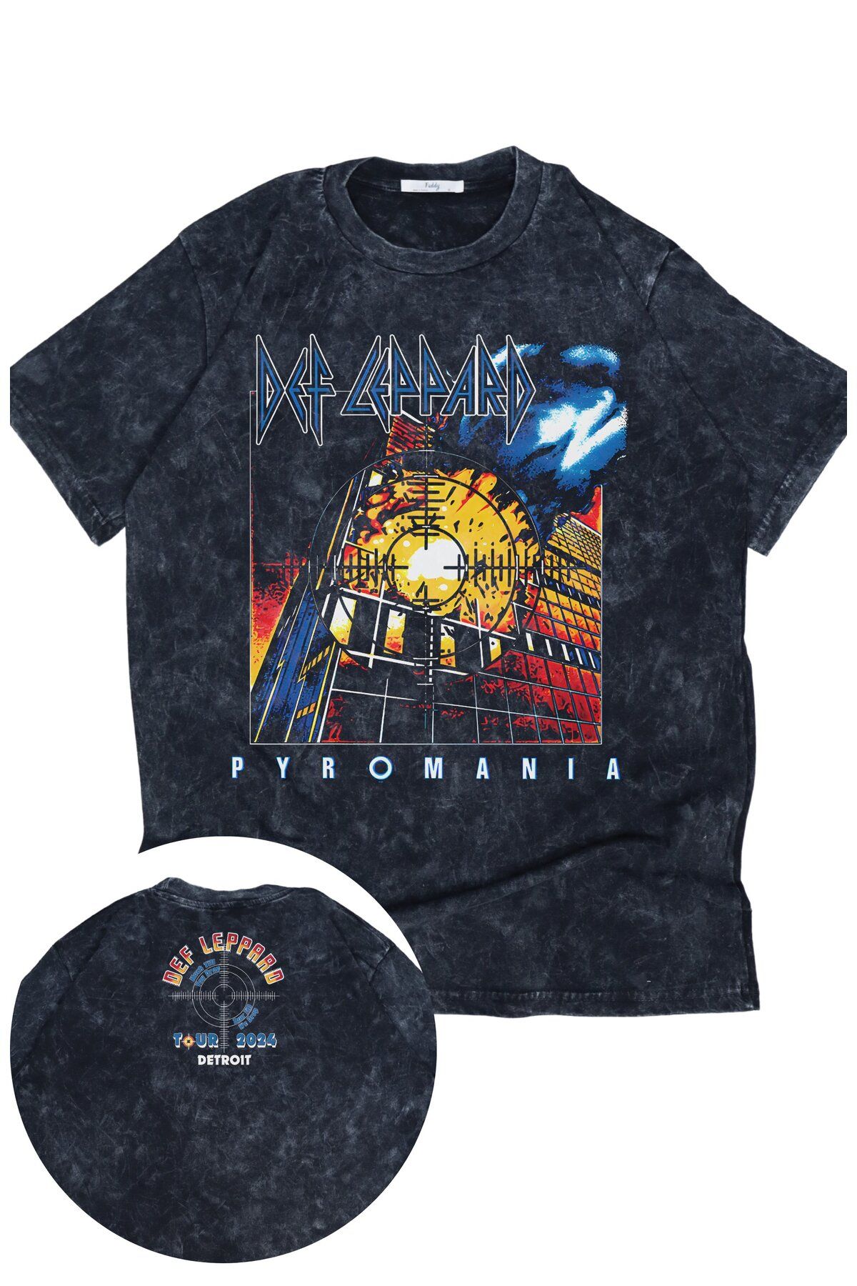Fuddy Moda Oversize Def Leppard Pyromania Ense Baskılı Yıkamalı T-Shirt, Unisex Rock Band Temalı Retro Tişört
