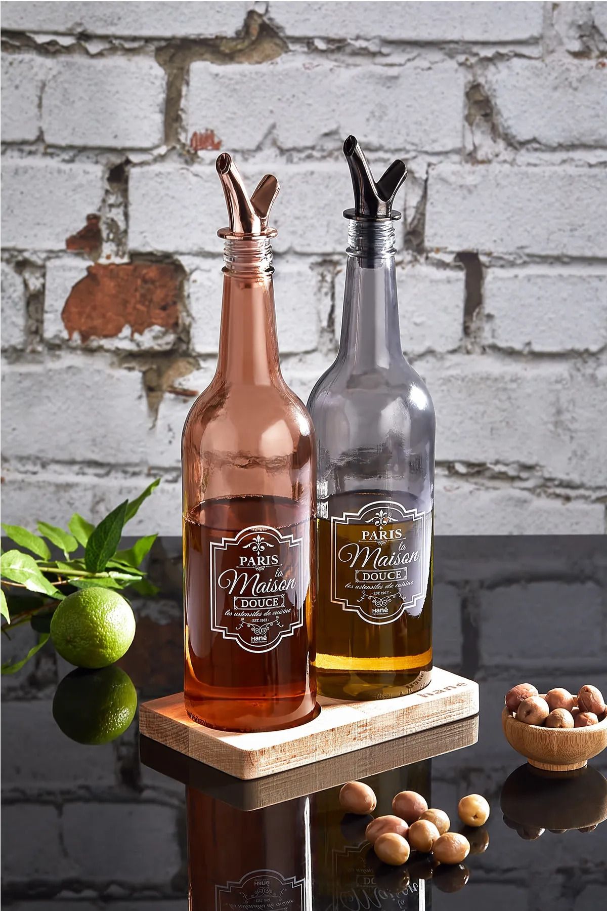 Titiz Ahşap Standlı 2`li Rose Gold Ve Füme 750cc Damlatmaz Akıllı Cam Yağlık Sirkelik Sosluk Seti