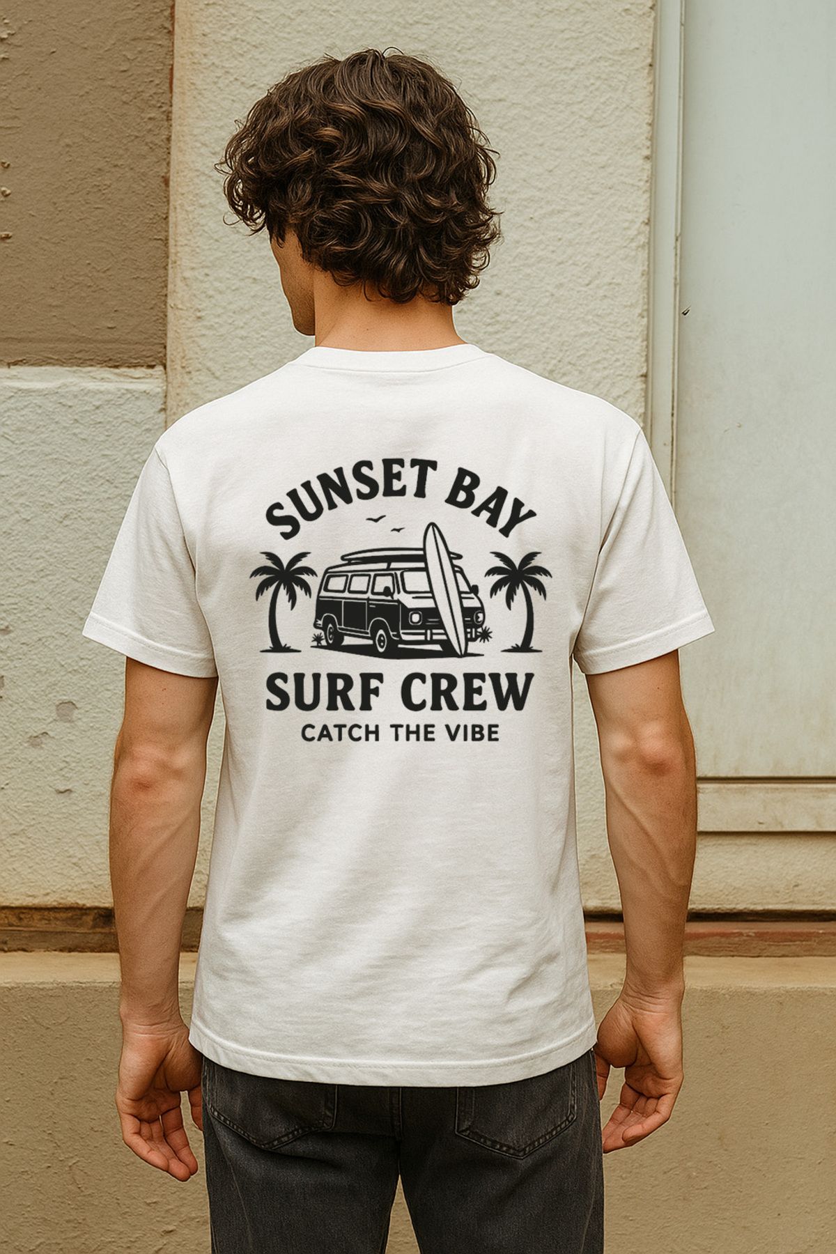 BLUGRIN Unisex Surf Crew Baskılı T-Shirt | Beyaz