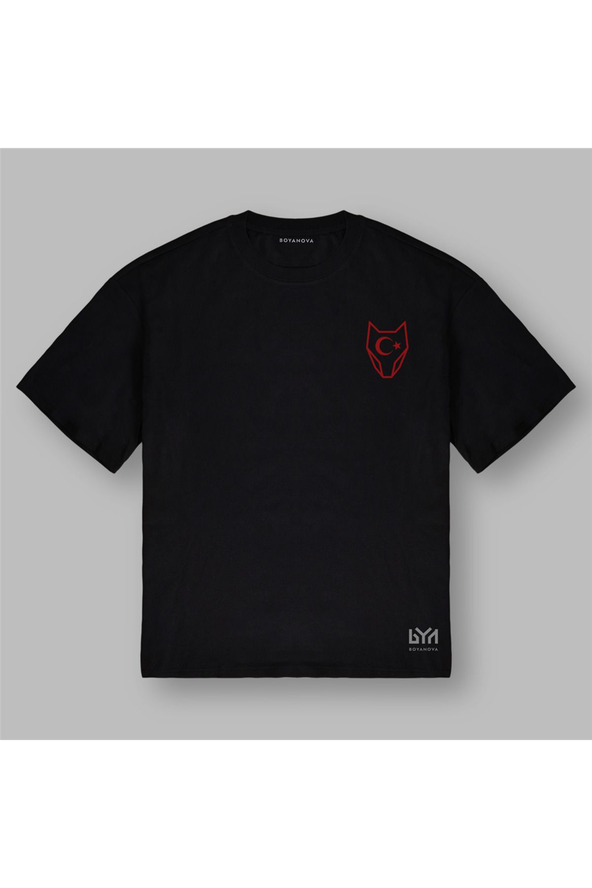 BOYANOVA Hilalli Bozkurt Maskesi Minimal Siyah Oversize Tişört