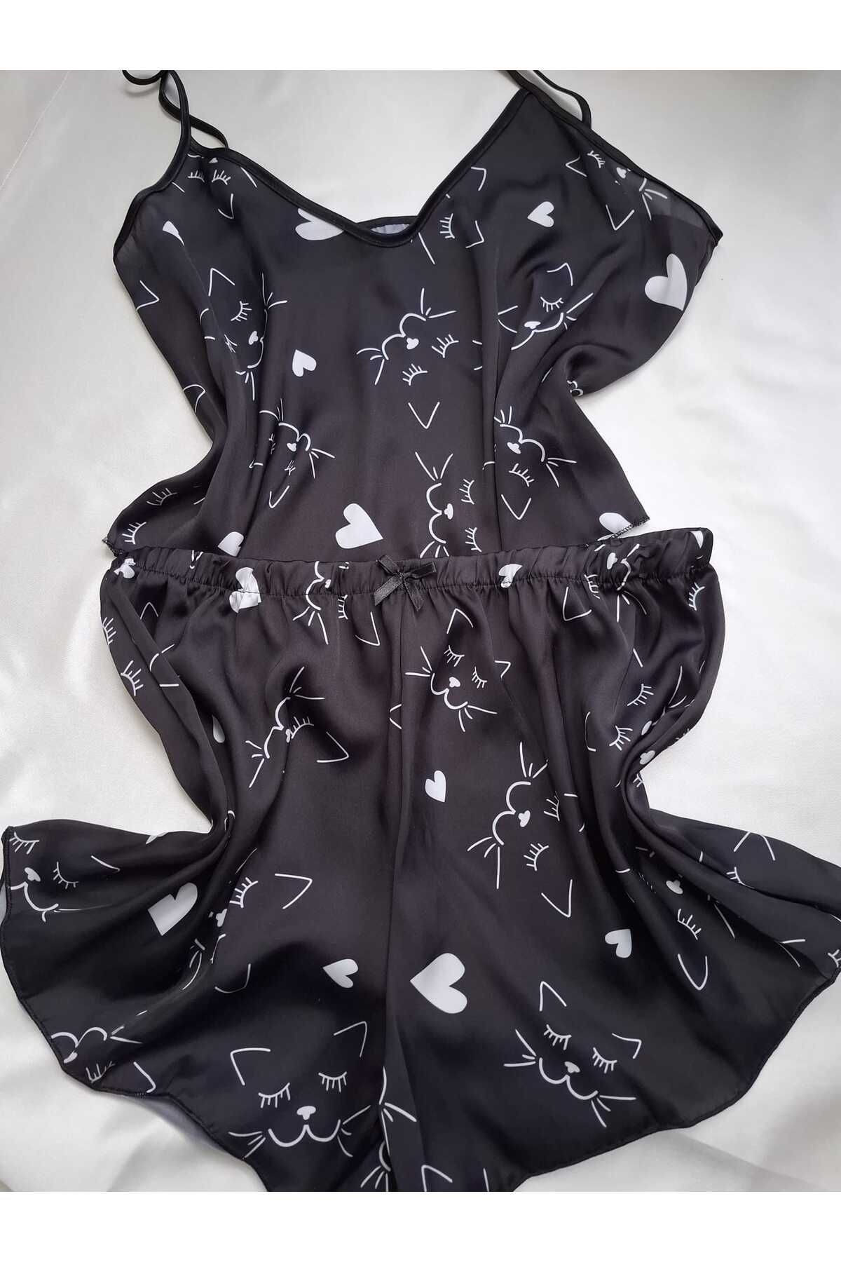 RUKOD Kadın Siyah Kedi Hayvan Desenli Ayarlanabilir İp Askılı Şortlu Saten Pijama Çeyiz Takımı