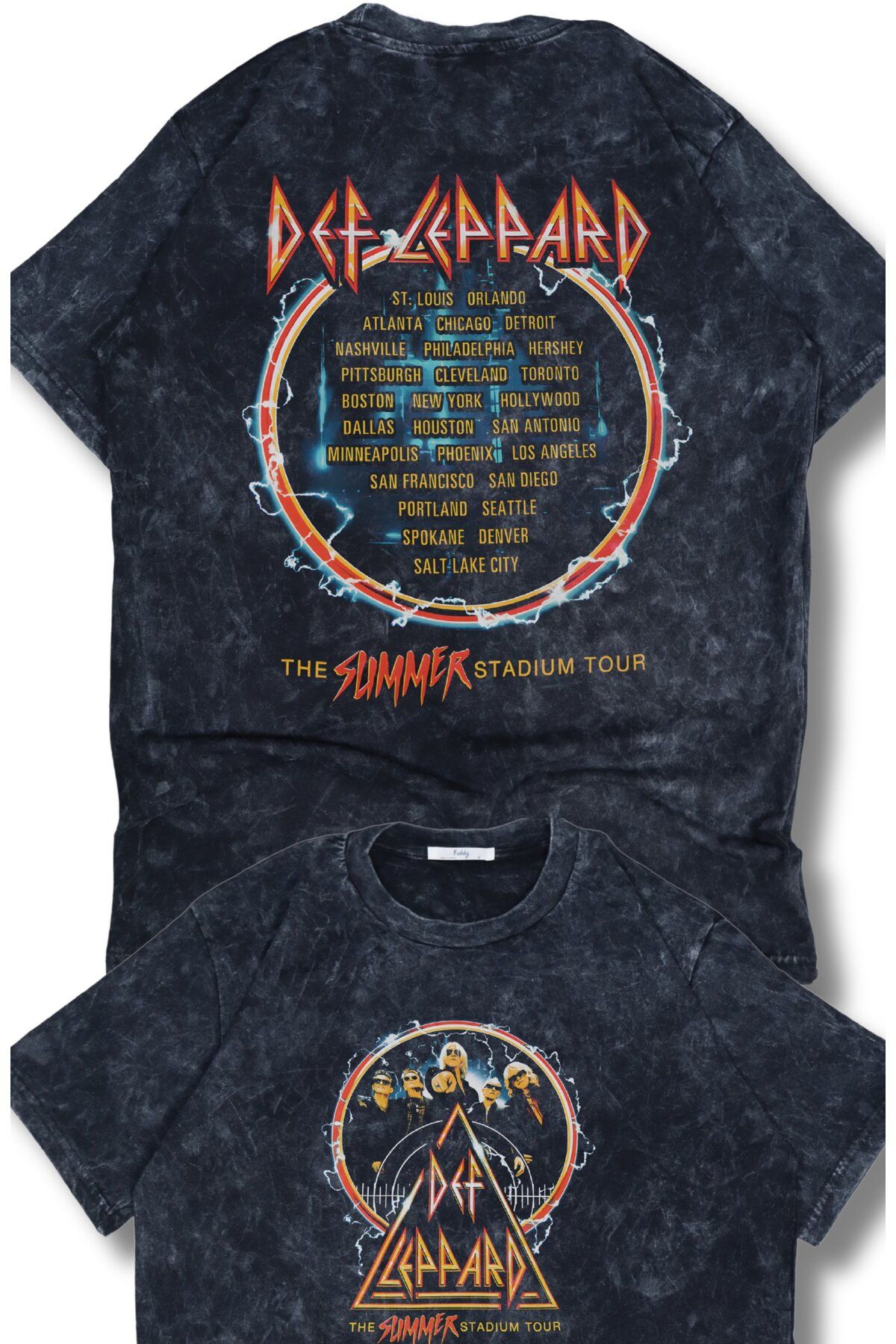 Fuddy Moda Unisex Oversize Def Leppard The Summer Stadium Tour Sırt Baskılı Yıkamalı Rock Band T-Shirt