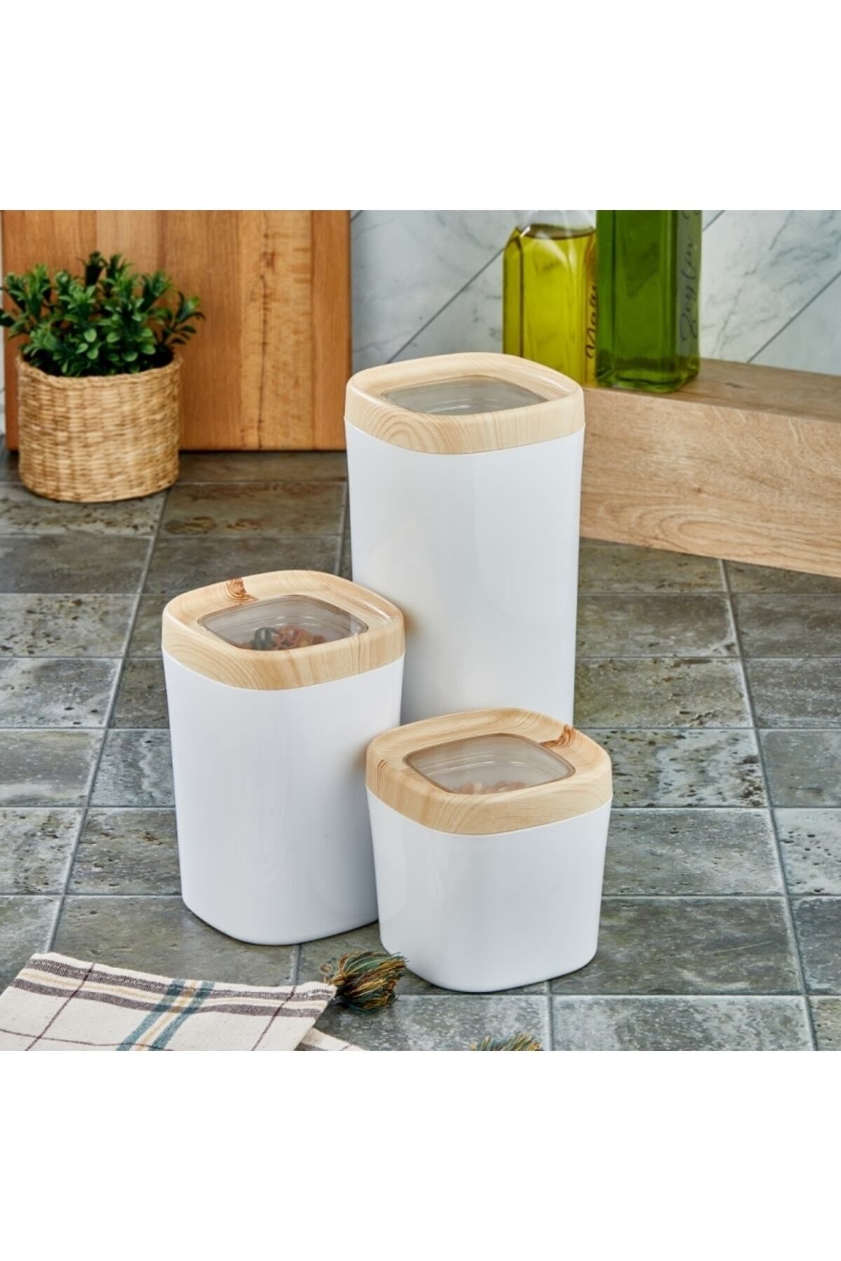 teknotrust Beyaz Ahşap Kaplama Saklama Kabı Seti, 3'lü, 1800ml, 1000ml ve 600ml