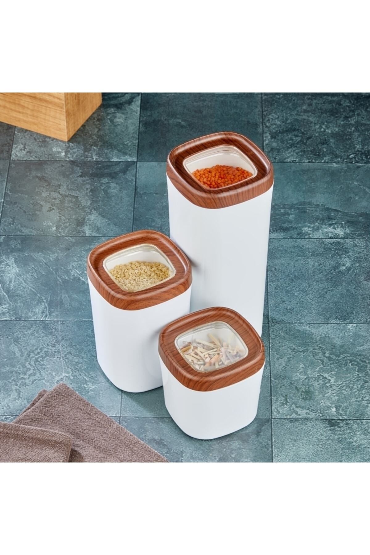 teknotrust Beyaz Ahşap Kaplama 3’lü Saklama Kabı Seti, 1800ml, 1000ml, 600ml