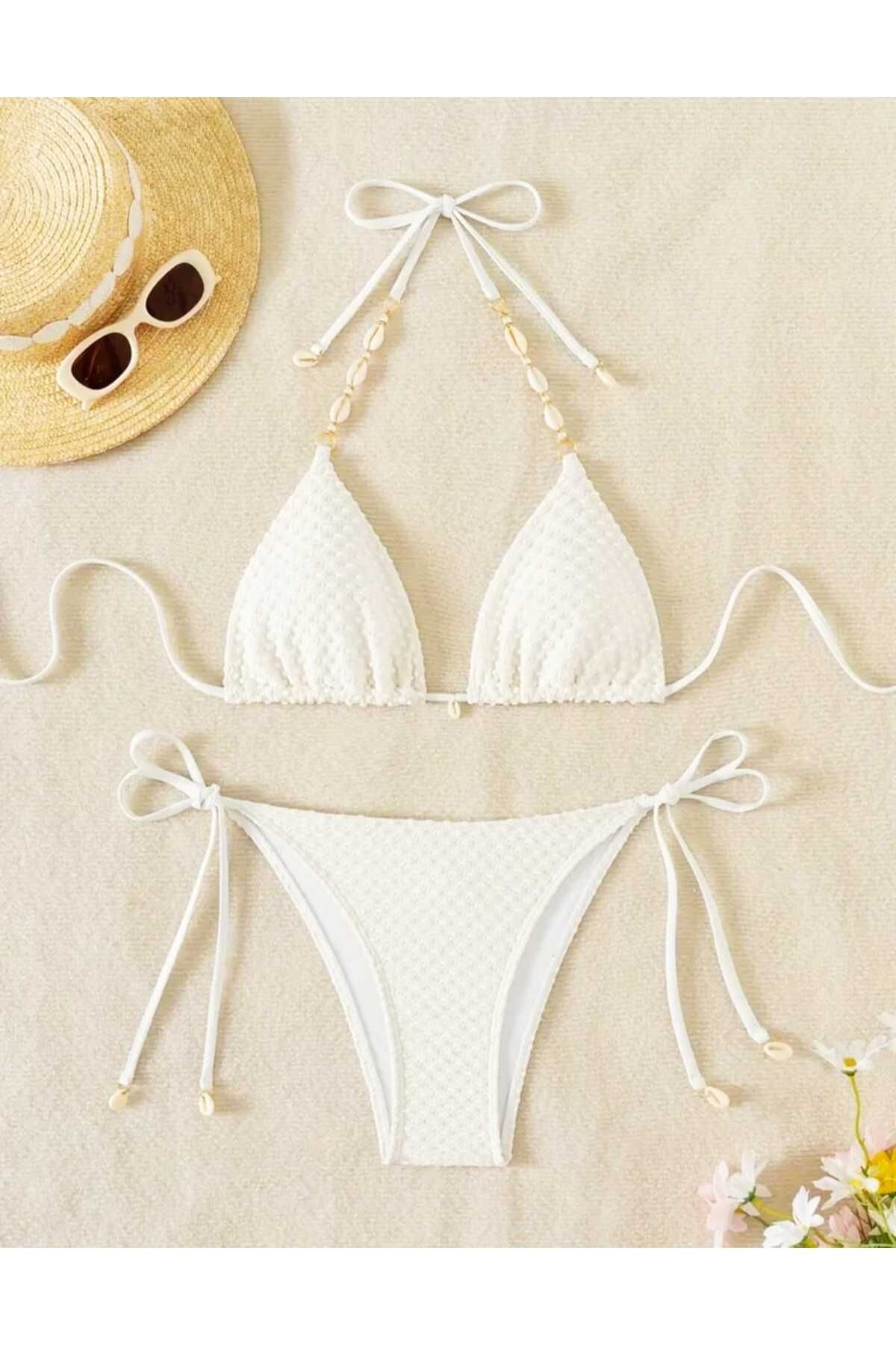 İthal Deniz kabuğu detaylı üçgen beyaz bikini takımı