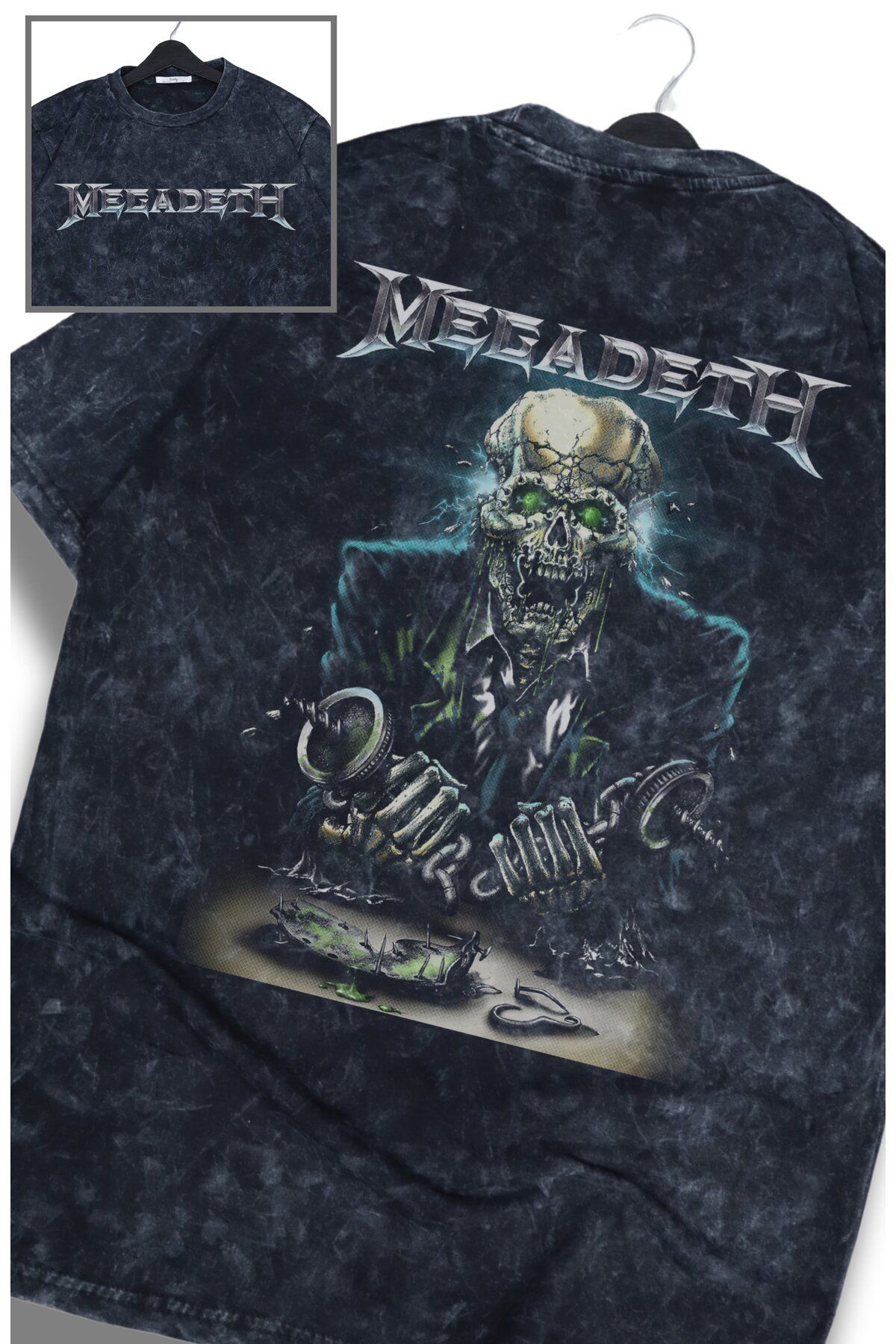 Fuddy Moda Oversize Skull Megadeth Sırt Baskılı Yıkamalı T-Shirt, Unisex Rock Band Temalı Retro Tişört