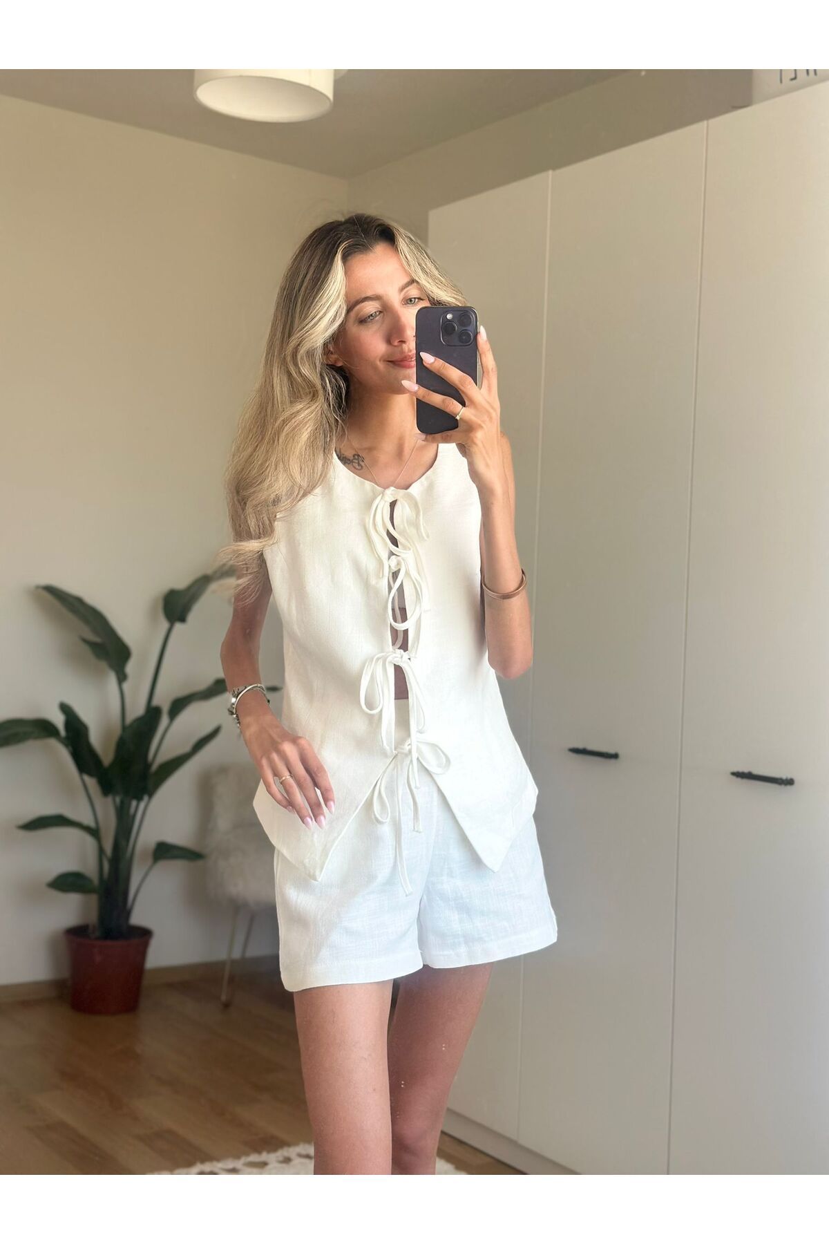 MODA Keten Bağlamalı Yelek ve Şort Alt Üst Takım
