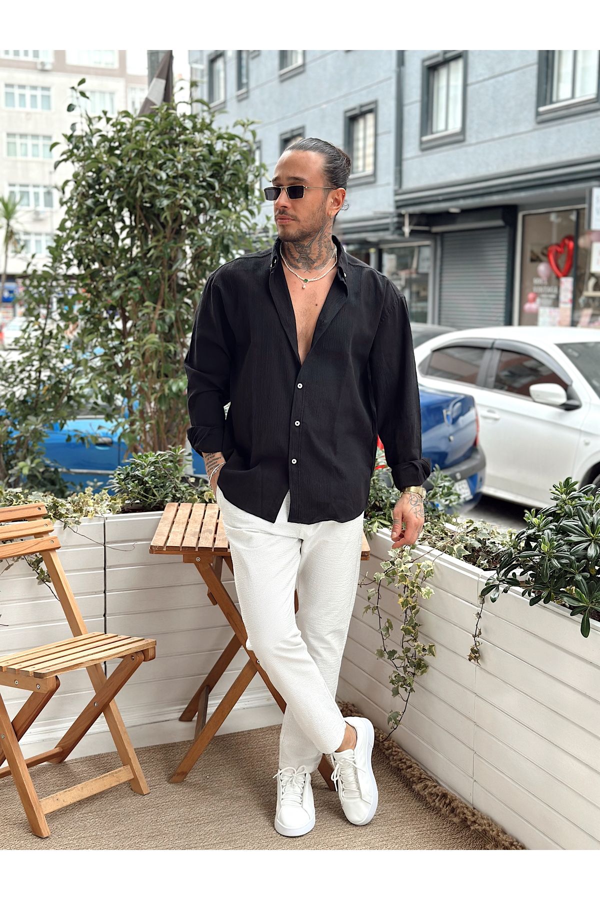 manch collection Oversize Krinkıl Keten Gömlek siyah