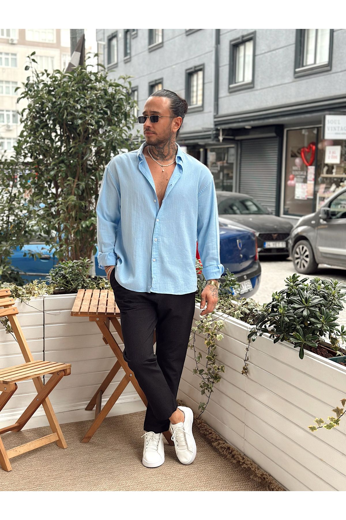 manch collection Oversize Krinkıl Keten Gömlek mavi