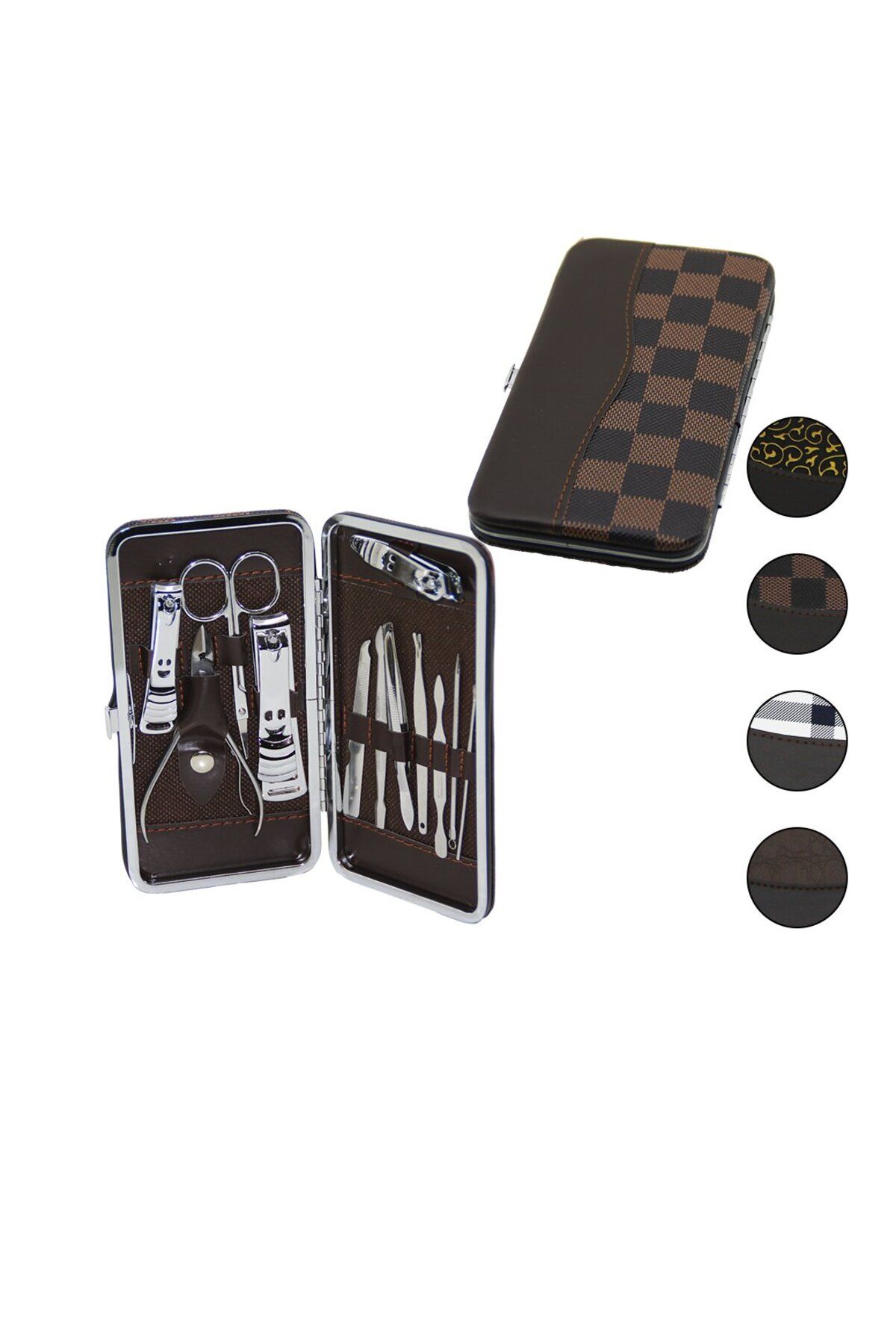 salesalbutik 12 PCS - GÜMÜŞ MANİKÜR - PEDİKÜR SETİ RENKLİ DESENLİ - CÜZDAN MODELİ ÇANTALI
