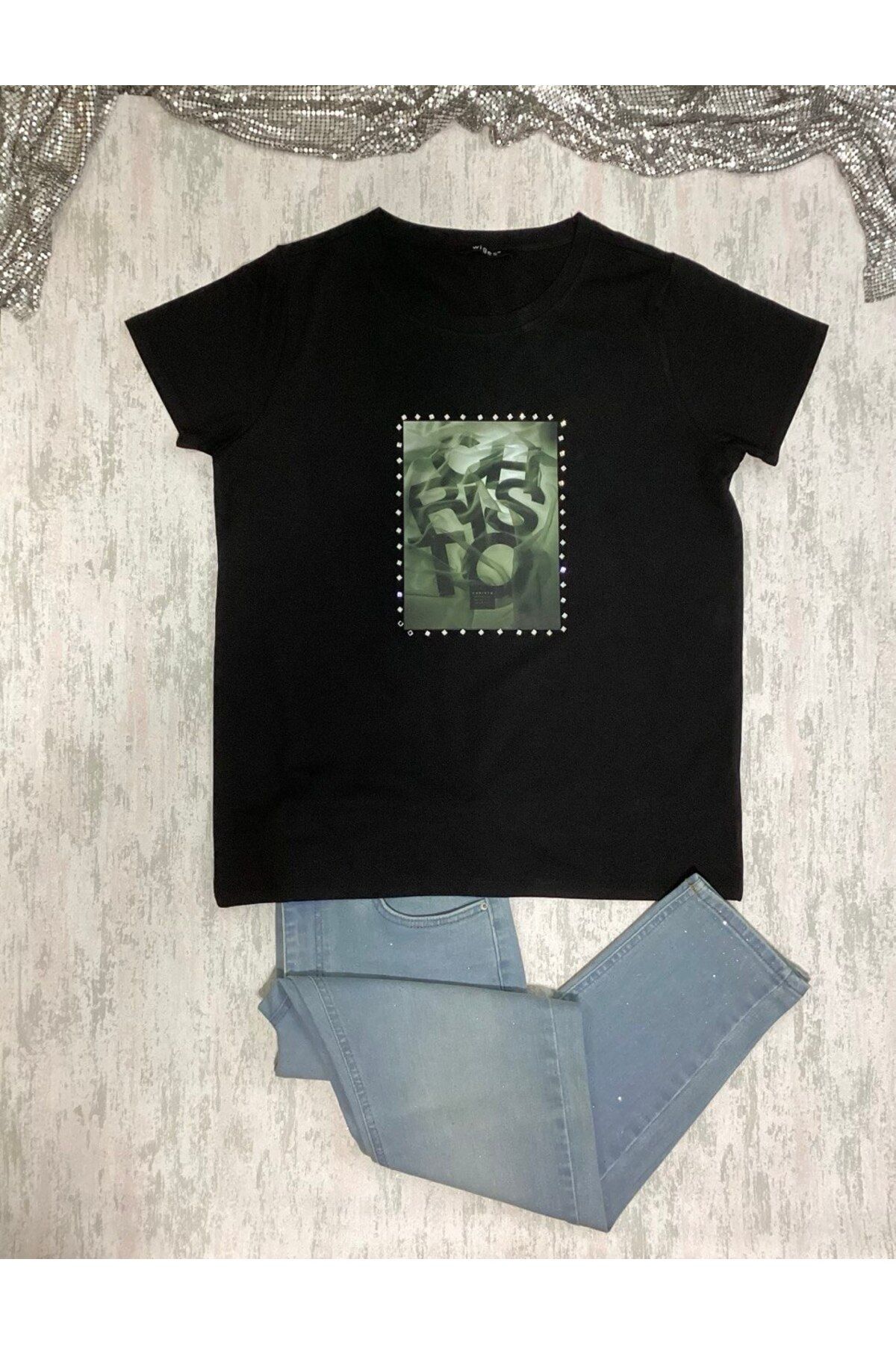 Wiges Kadın Bisiklet Yaka Desenli Özel Tasarım T-shirt