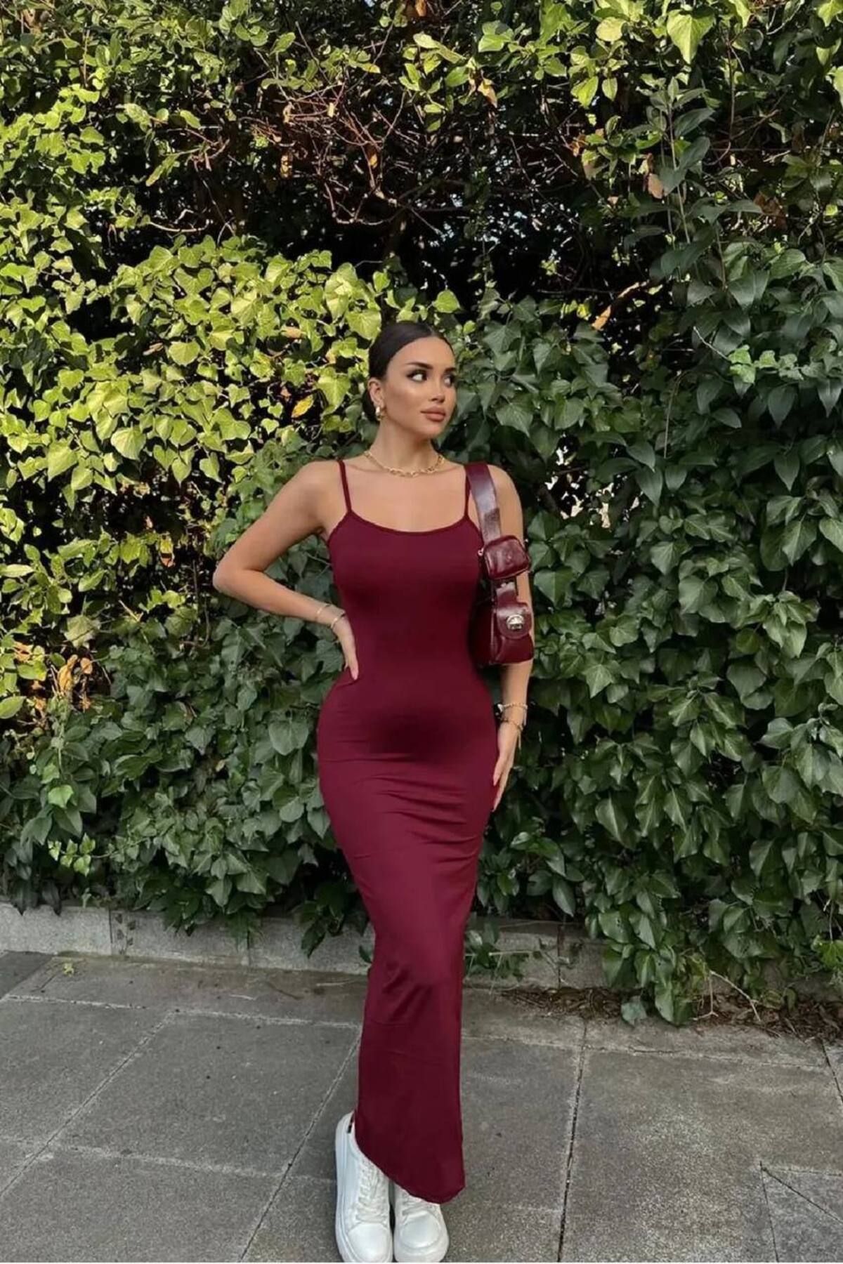 Sudelim butik Sırt dekolteli ip askılı uzun elbise