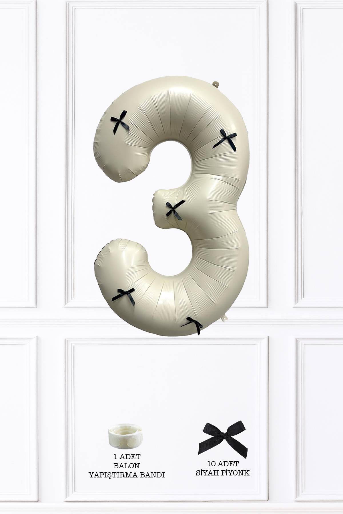 PEKSHOP 3 Yaş Siyah Fiyonklu Retro Krem Rakam Balon 80 Cm Siyah Kurdeleli