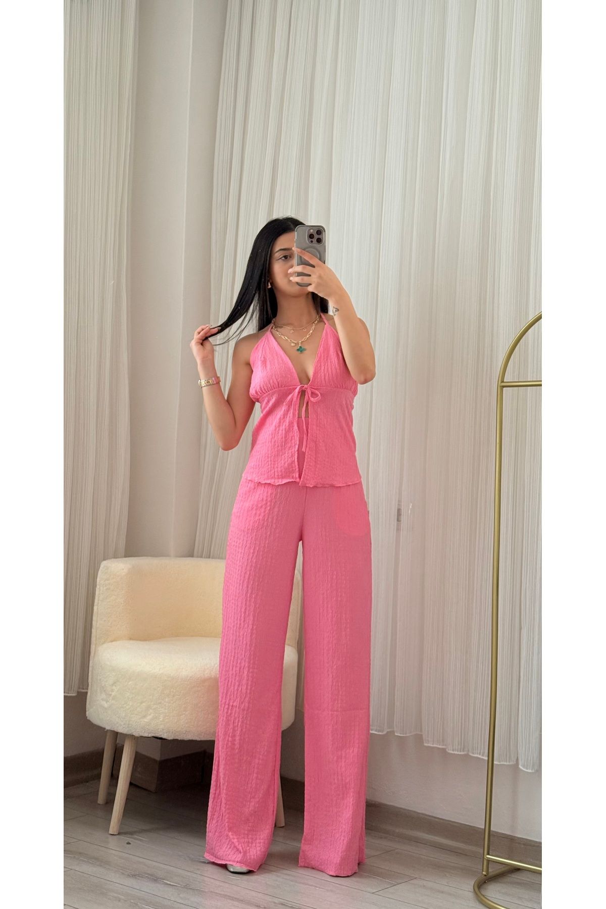 MODA Önden Bağlamalı Detaylı Pembe Bürümcek Takım