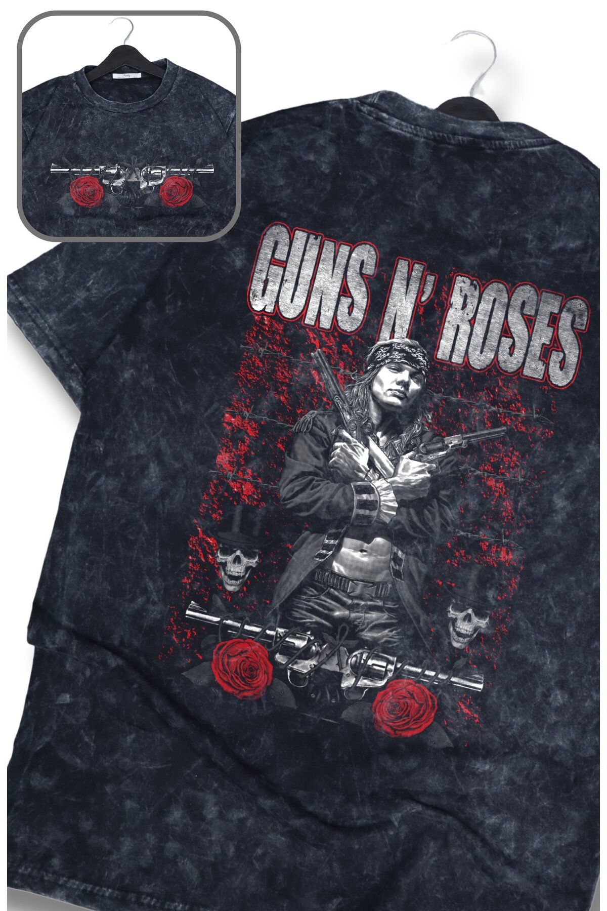 Fuddy Moda Oversize Red Guns N' Roses Sırt Baskılı Yıkamalı T-Shirt, Unisex Rock Band Temalı Retro Tişört
