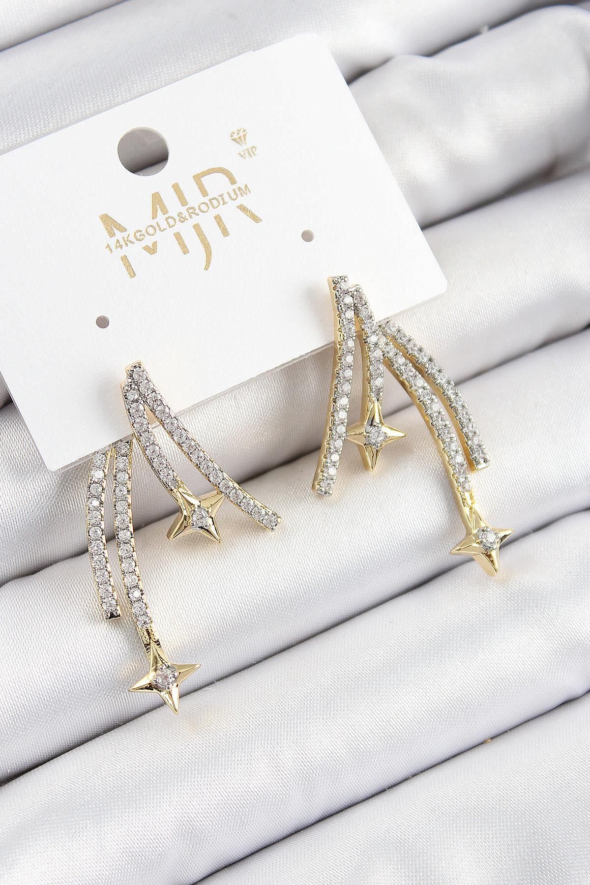 prativas Pirinç Zirkon Taşlı Kayan Yıldız Model Gold Ve Gümüş Renk Kadın Küpe