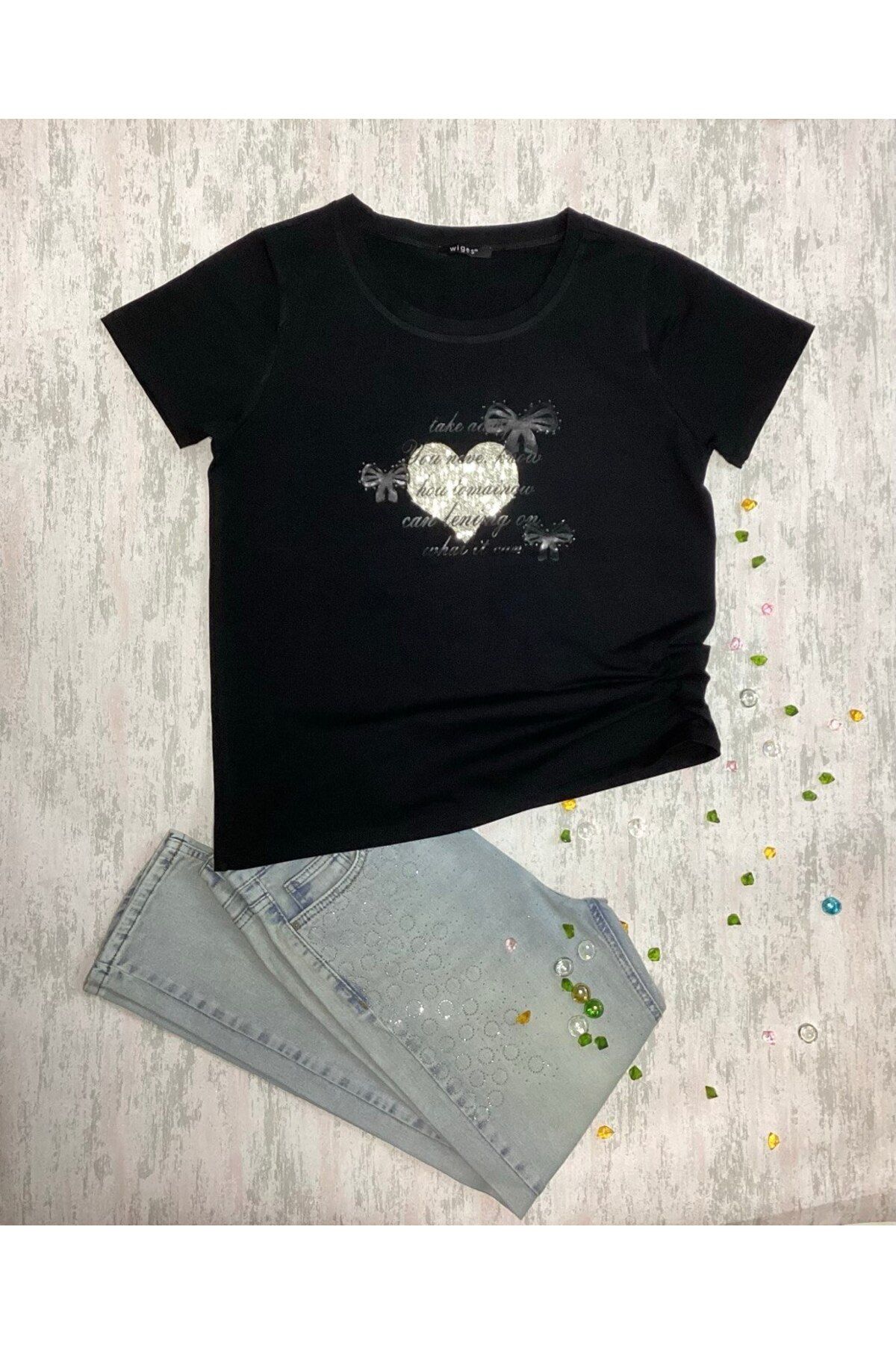 Wiges Kadın Bisiklet Yaka Desenli Özel Tasarım T-shirt