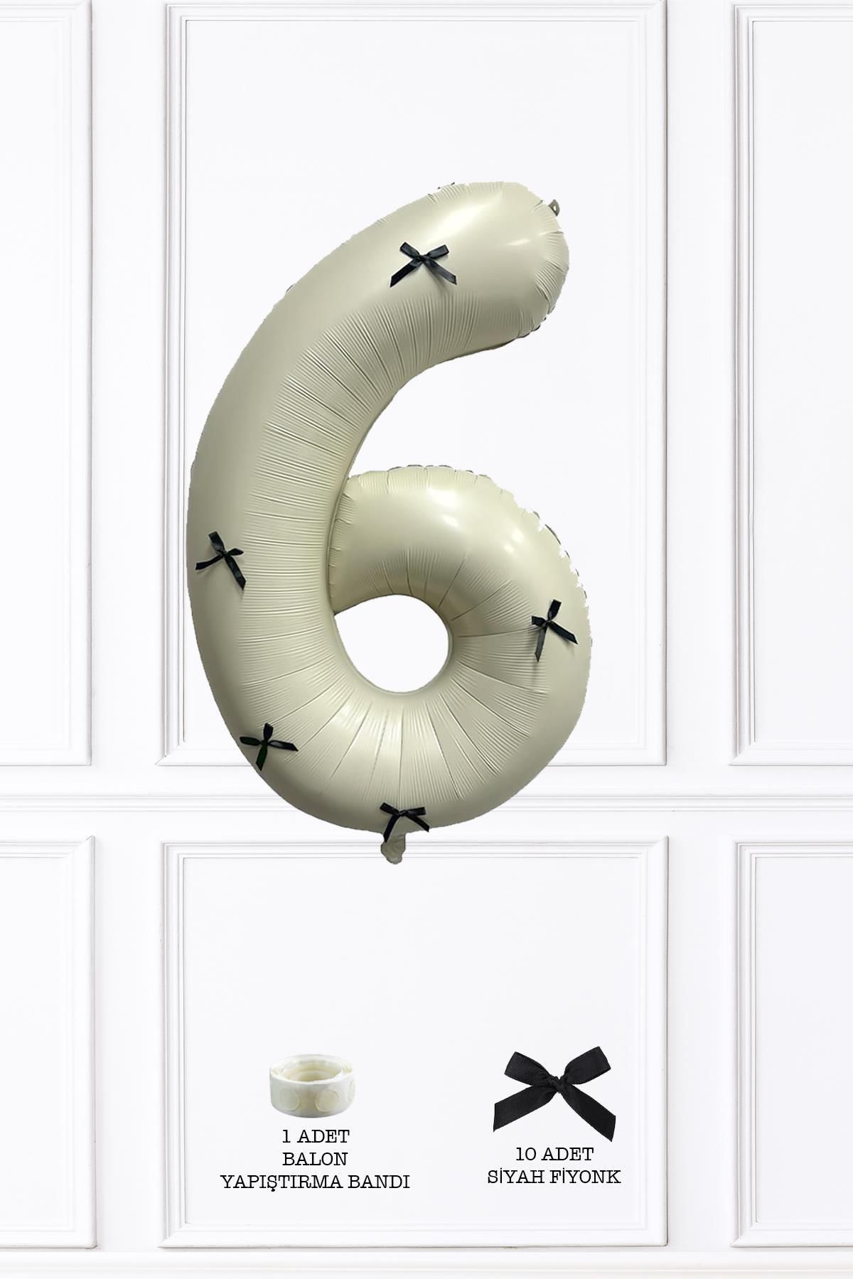 PEKSHOP 6 Yaş Siyah Fiyonklu Retro Krem Rakam Balon 80 Cm Siyah Kurdeleli